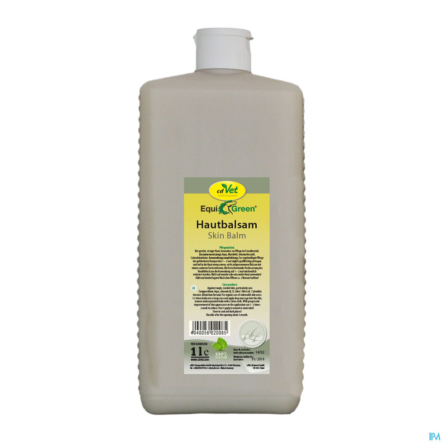 Flasche mit Hautbalsam, gefertigt von caVet, mit gelbem Etikett und englisch-deutscher Beschreibung.