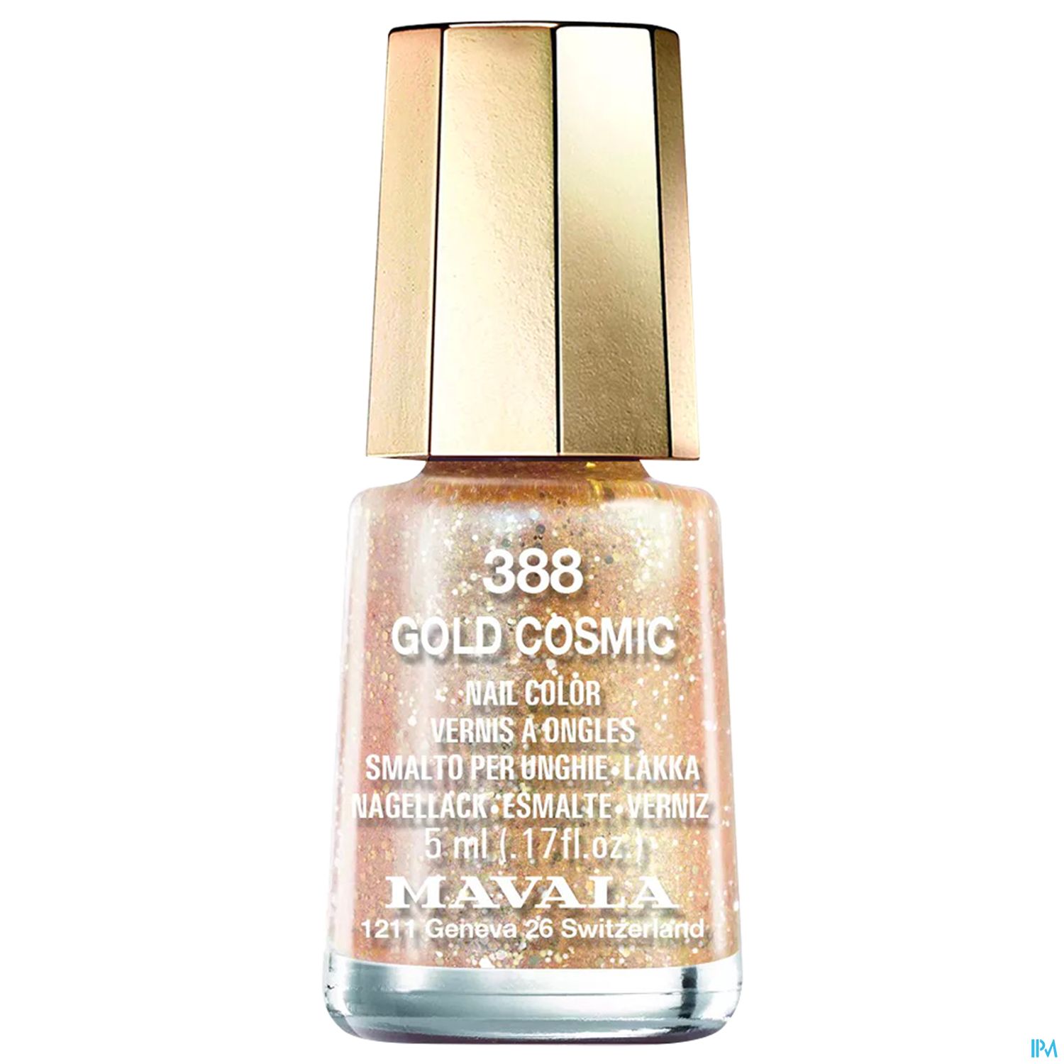 Nagellack in einem goldenen Farbton mit Glitzer, Flasche mit goldfarbenem Deckel und der Aufschrift "388 GOLD COSMIC" von Mavala.