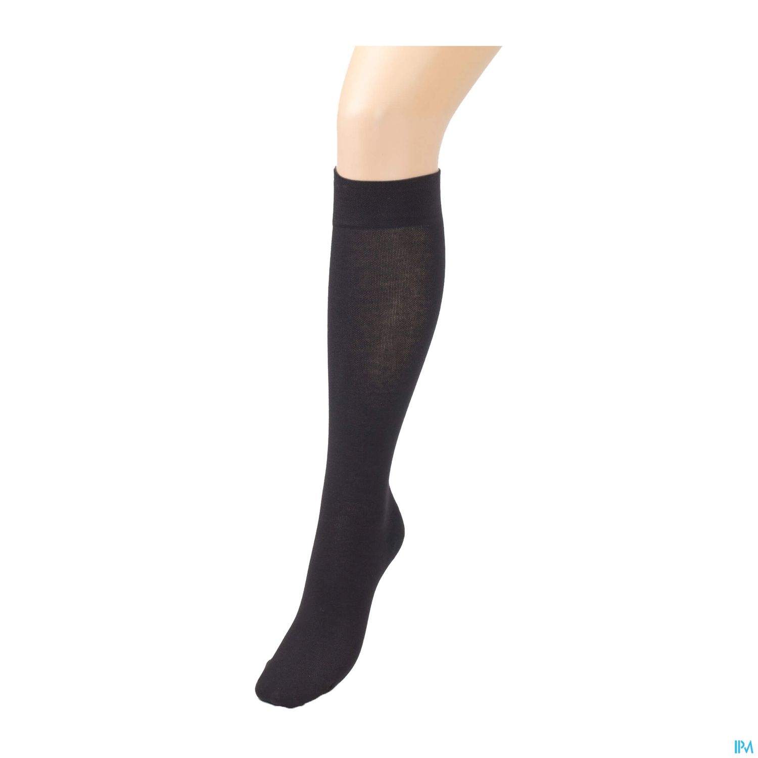 Schwarze Kniestrümpfe an einem Modelbein.