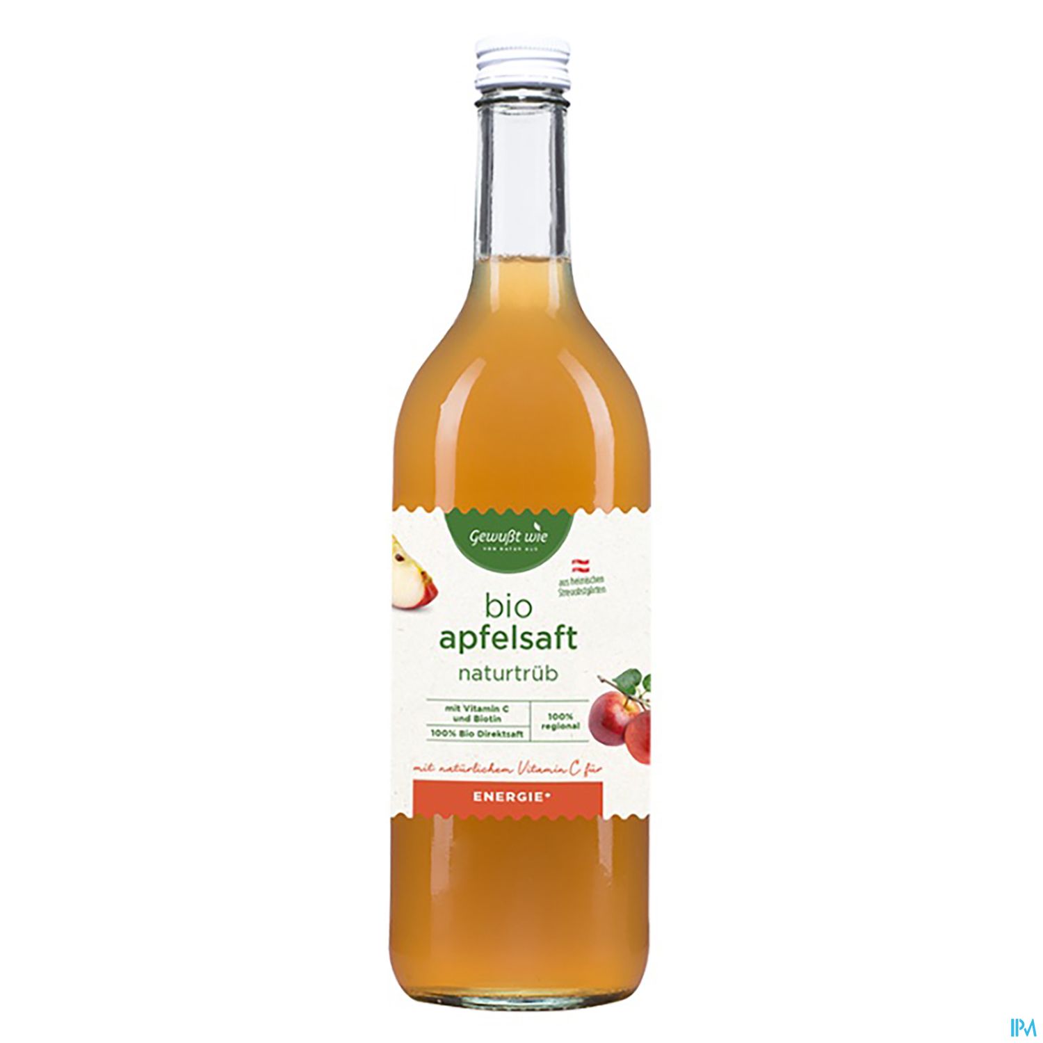 Flasche mit Bio-Apfelsaft, naturtrüb, mit Vitaminen und der Aufschrift "100 % aus besten Äpfeln".