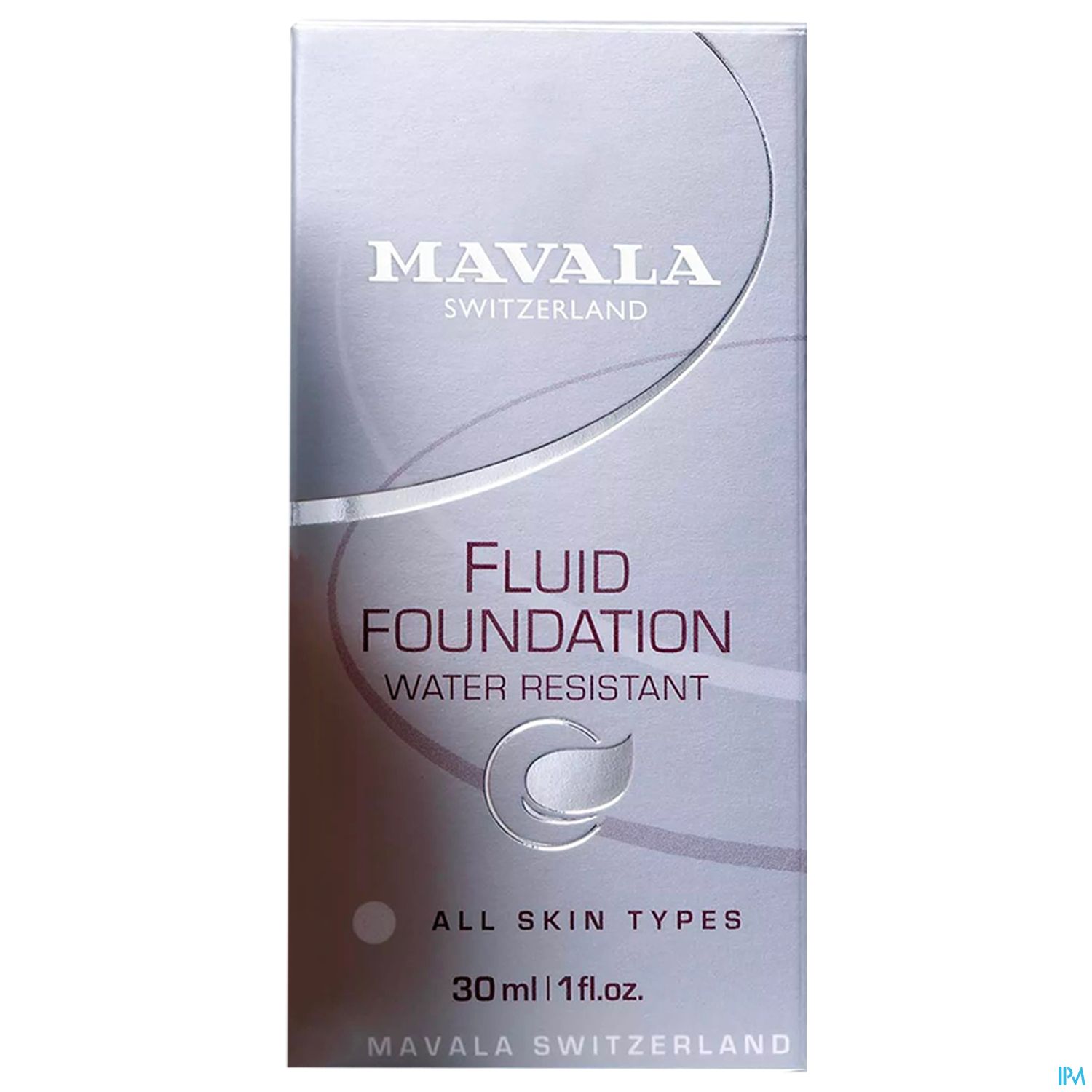 Verpackung von Mavala Fluid Foundation, wasserfest, 30 ml, geeignet für alle Hauttypen.