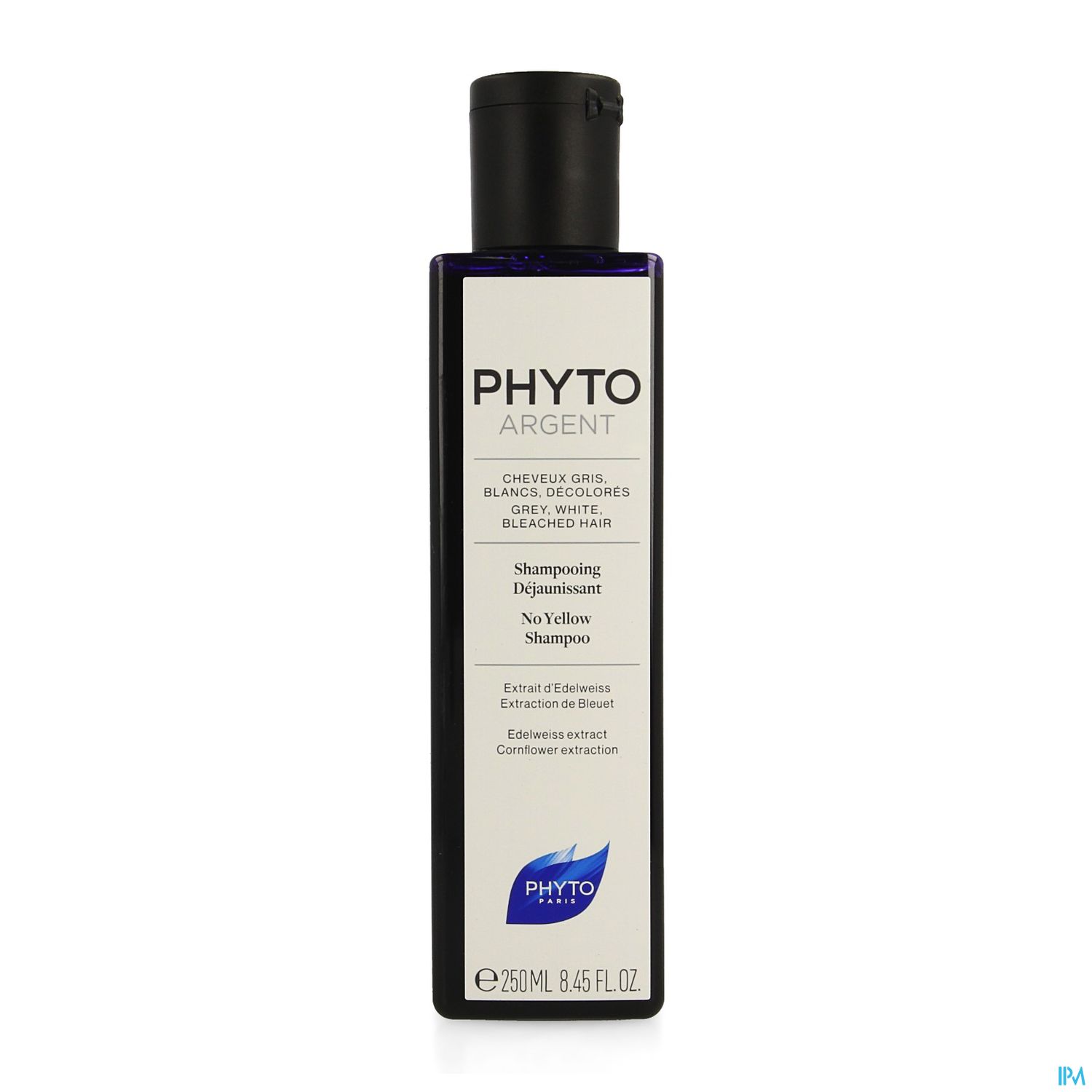 Flasche mit PHYTO ARGENT Shampoo für graues, blondes und gesträhntes Haar, 250 ml.