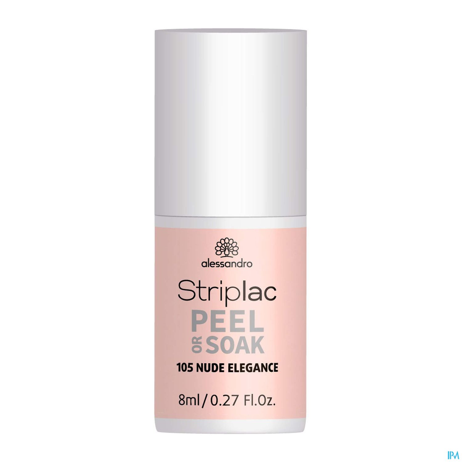 Flasche mit Nagellack der Marke Alessandro, Bezeichnung "Striplac Peel or Soak", Farbe 105 Nude Elegance, 8 ml.