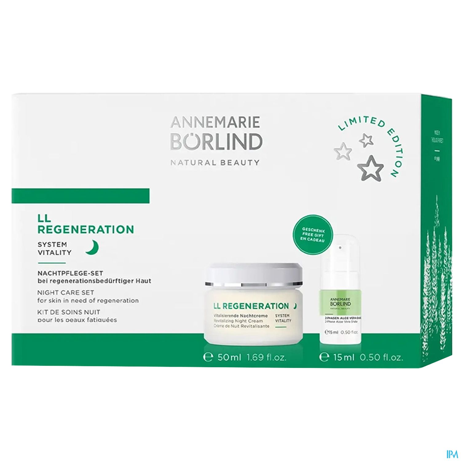 Verpackung eines Nachtpflege-Sets von ANNEMARIE BÖRLIND mit Produkten zur Regeneration der Haut, bestehend aus einer Creme (50 ml) und einem Serum (15 ml), beschriftet mit "LL REGENERATION" und "LIMITED EDITION".