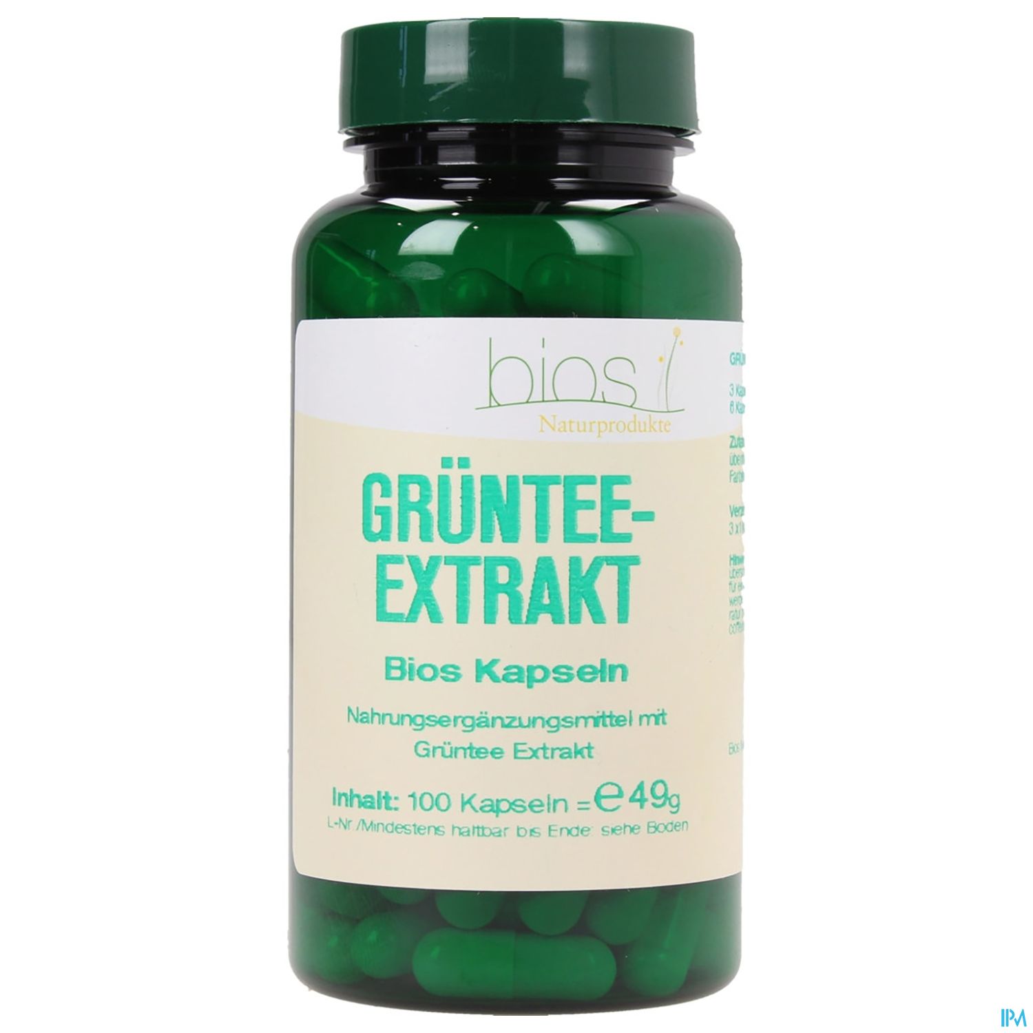 Grüntee-Extrakt Kapseln in einer grünen Flasche mit Etikett und Beschreibung.