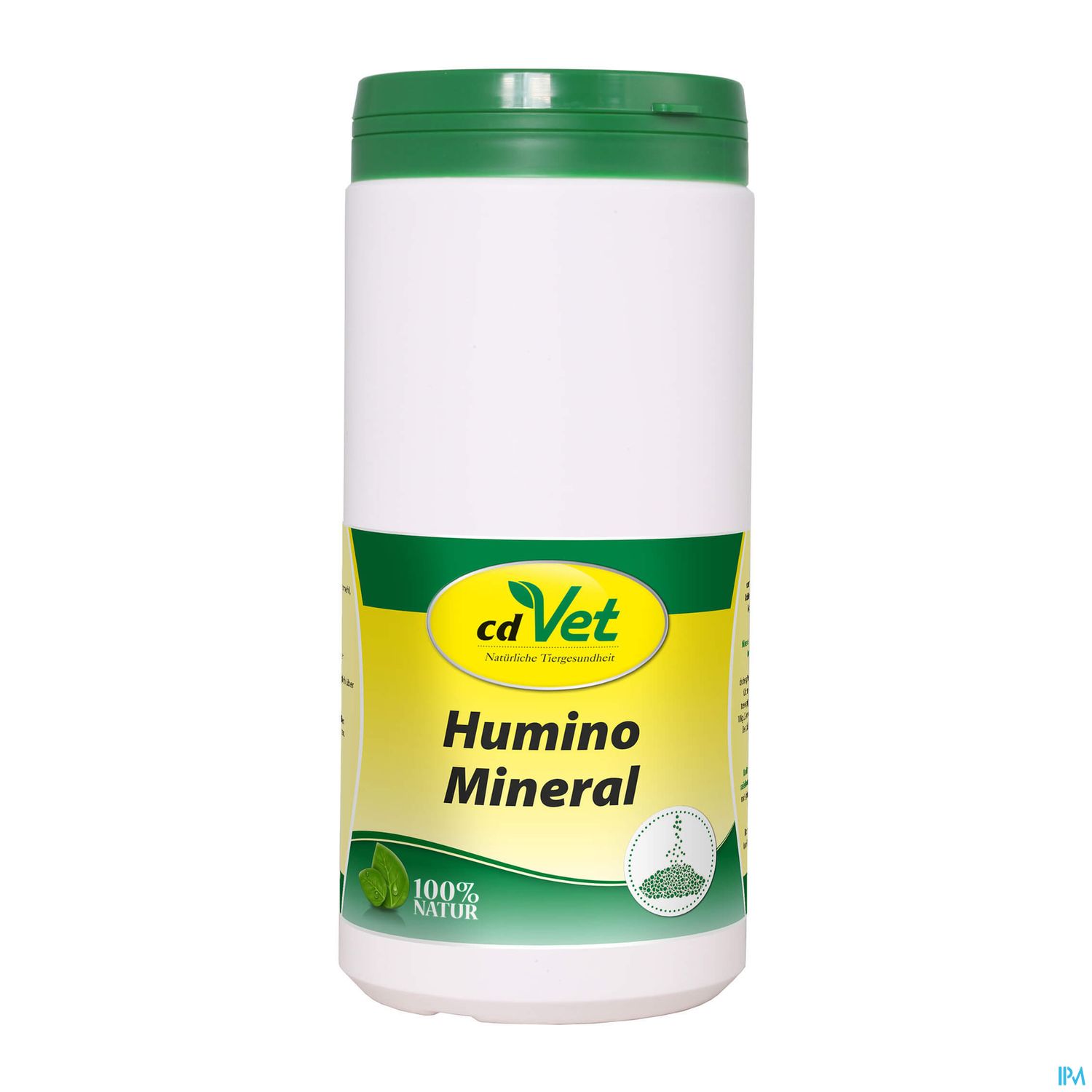 Weißer Behälter mit grünem Deckel, beschriftet mit "cdVet Humino Mineral" und dem Hinweis "100% Natur".