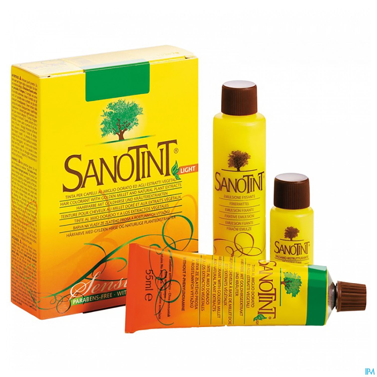 Produktverpackung und Flaschen des Haarfärbemittels Sanotint Light in gelber Farbgestaltung.