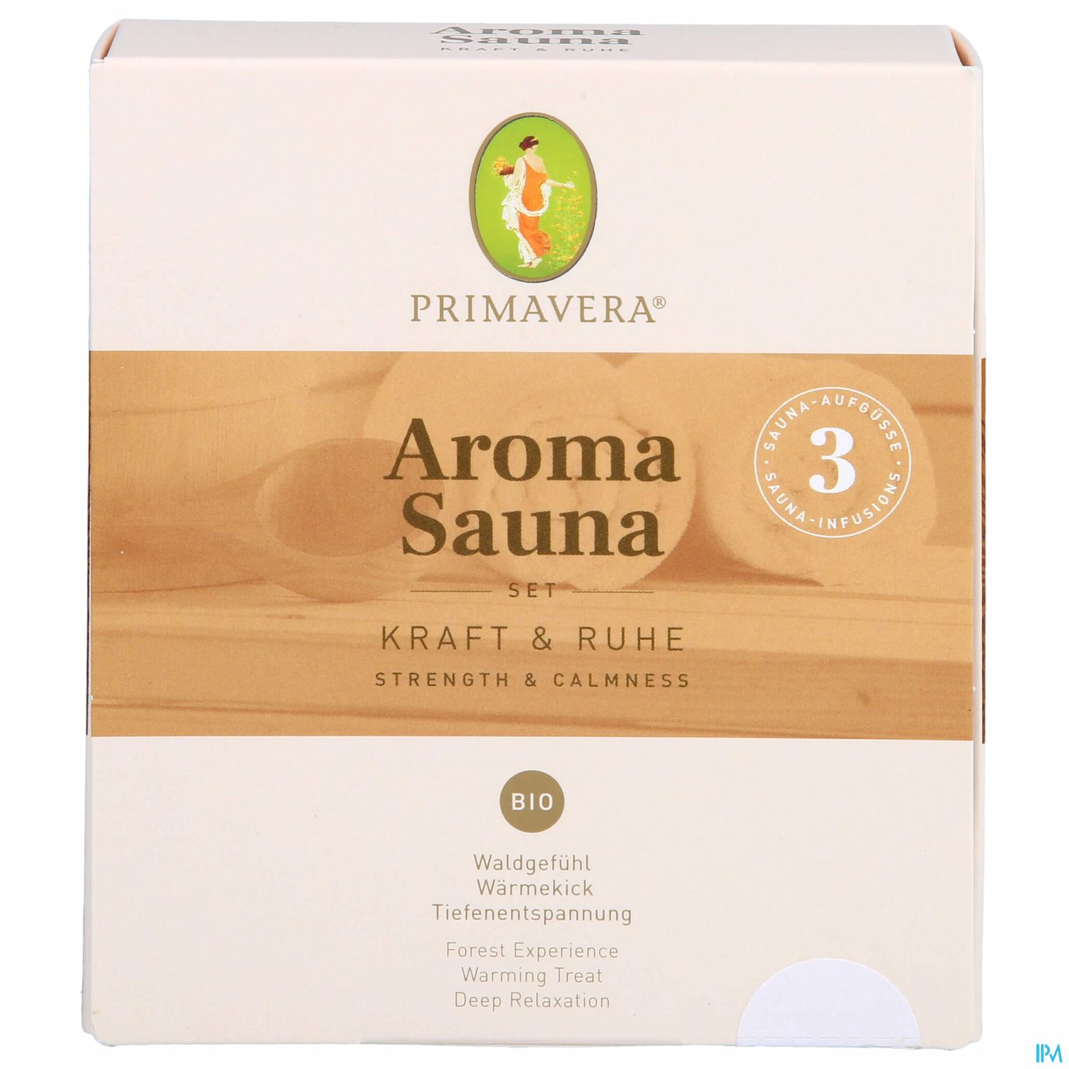 Verpackung des Aroma Sauna Sets "Kraft & Ruhe" von Primavera, Design in sanften Farben mit Texten in Deutsch und Englisch.