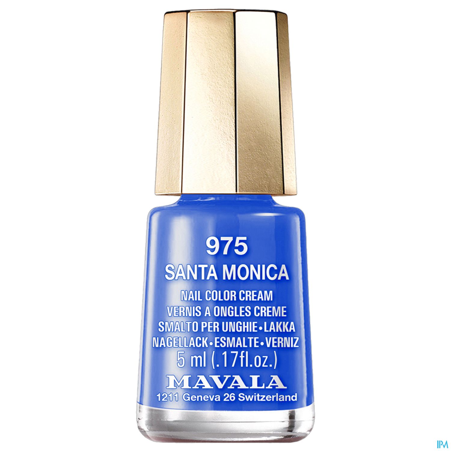 Blaue Nagellackflasche mit goldenem Deckel, beschriftet mit „975 SANTA MONICA“ und „NAIL COLOR CREAM“.