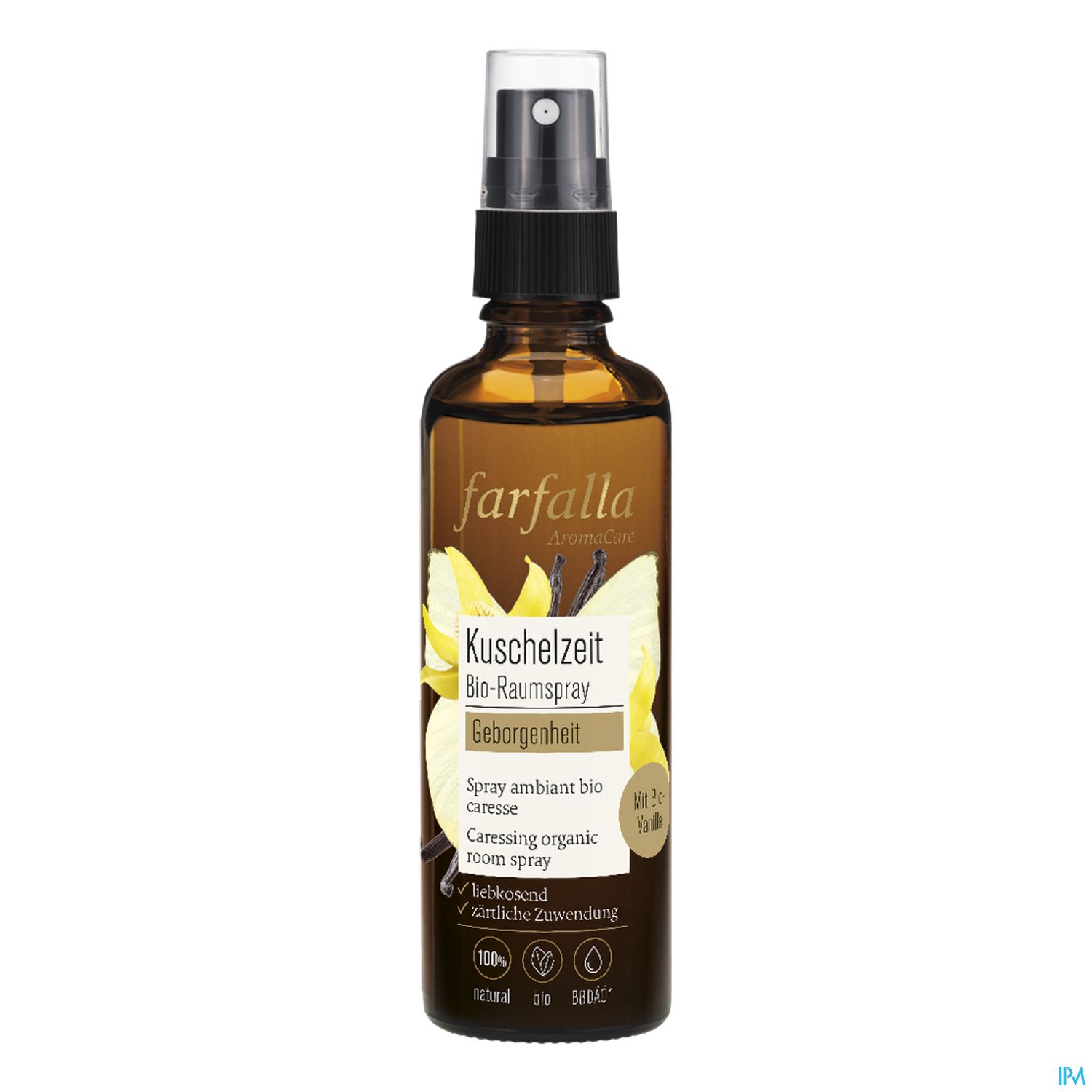 Braunglasflasche mit Sprayverschluss, gefüllt mit Bio-Raumspray "Kuschelzeit" von farfalla, beschriftet mit "Geborgenheit".