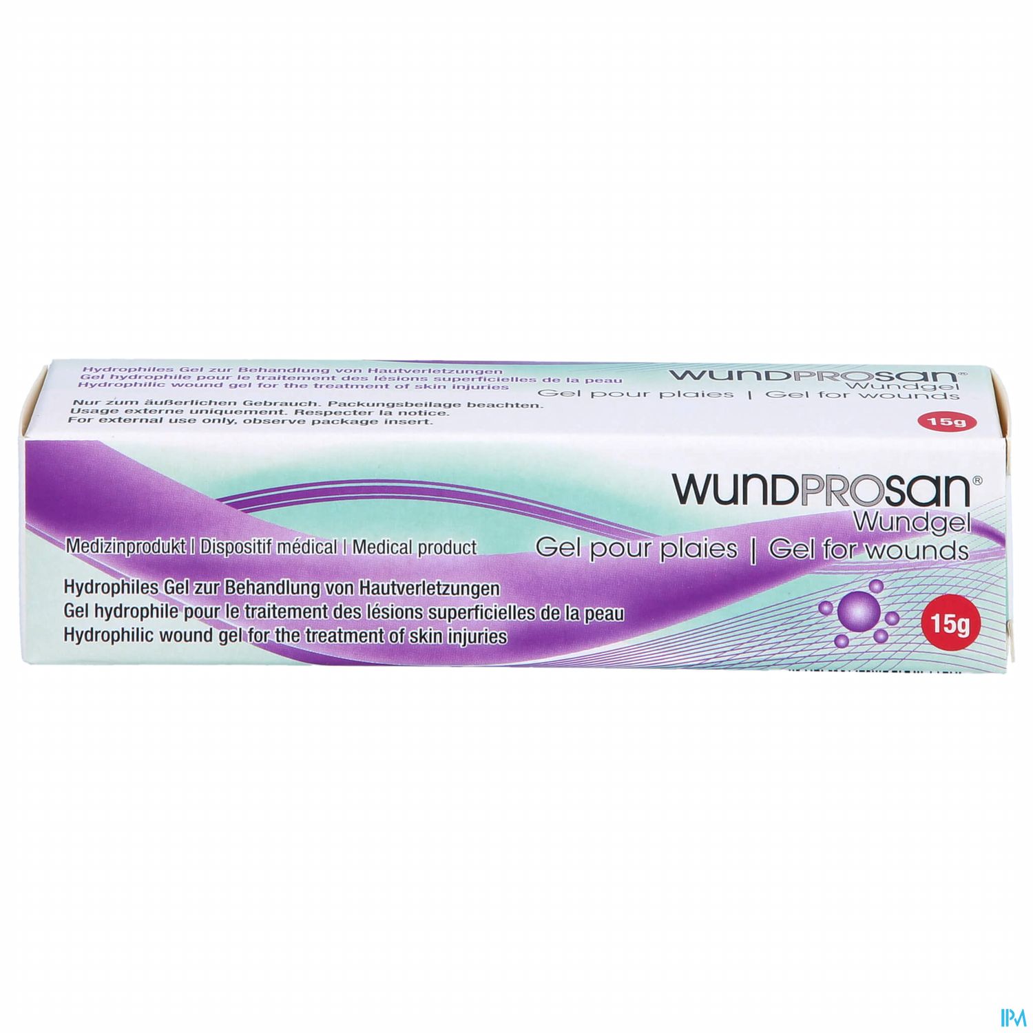 Tube mit Wundgel "Wundprosan", 15g, mit mehrsprachiger Beschriftung zur Verwendung bei Hautverletzungen.