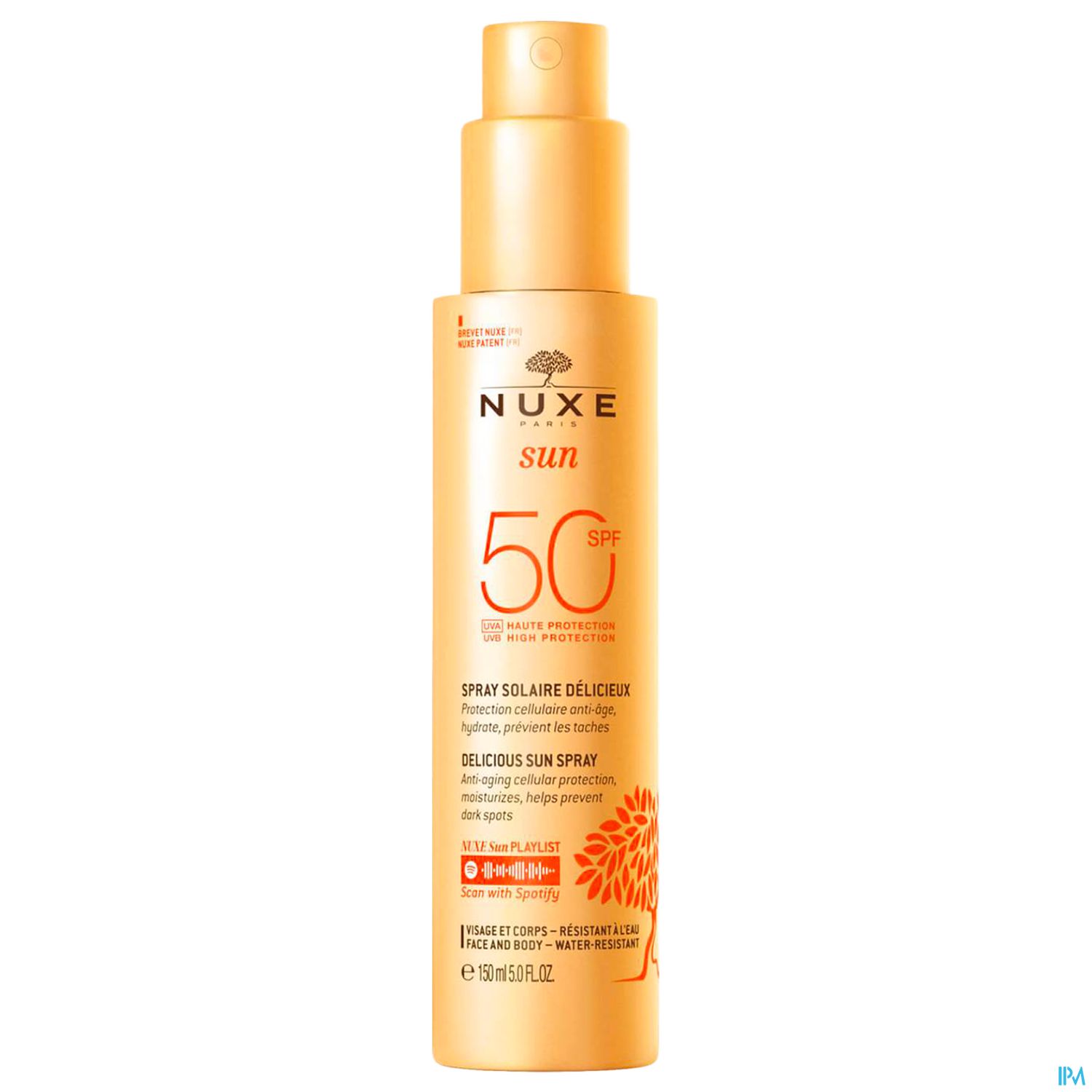 Sprayflasche mit Sonnenschutzmittel von NUXE, SPF 50, goldene Verpackung mit weißen und roten Schriftzügen.