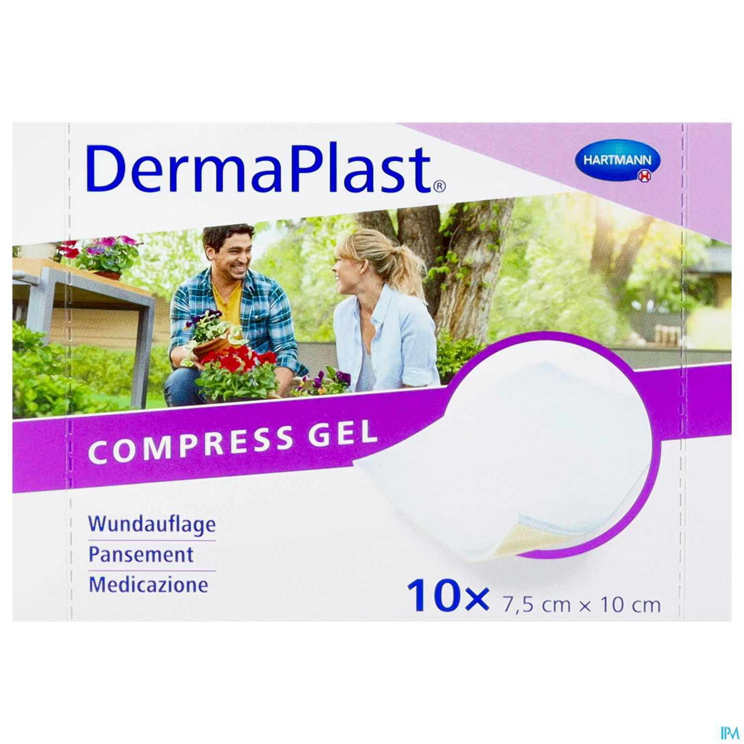 Packung DermaPlast Compress Gel, mit Abbildung von zwei Personen im Freien, die miteinander interagieren.
