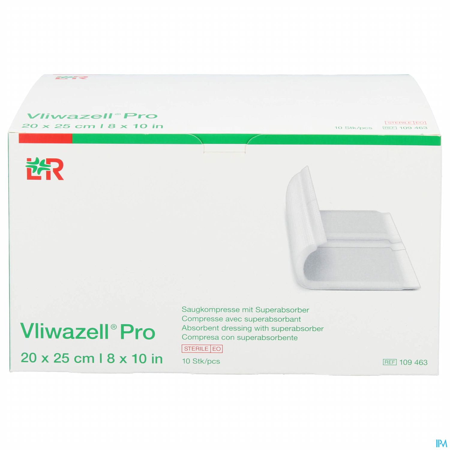 Verpackung von Vliwazell Pro Saugkompressen, sterile Packung mit 10 Stück, Maße 20 x 25 cm.