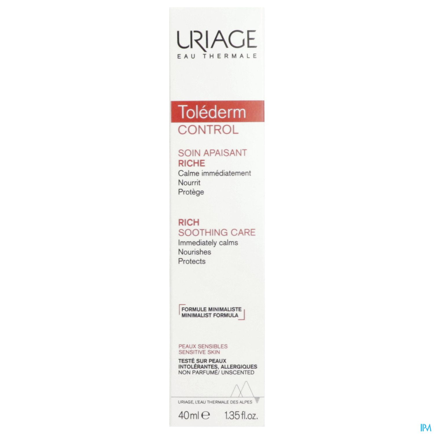 Produktverpackung von Uriage Toléderm Control, 40 ml, mit Angaben zu beruhigender und nährender Pflege für empfindliche Haut.