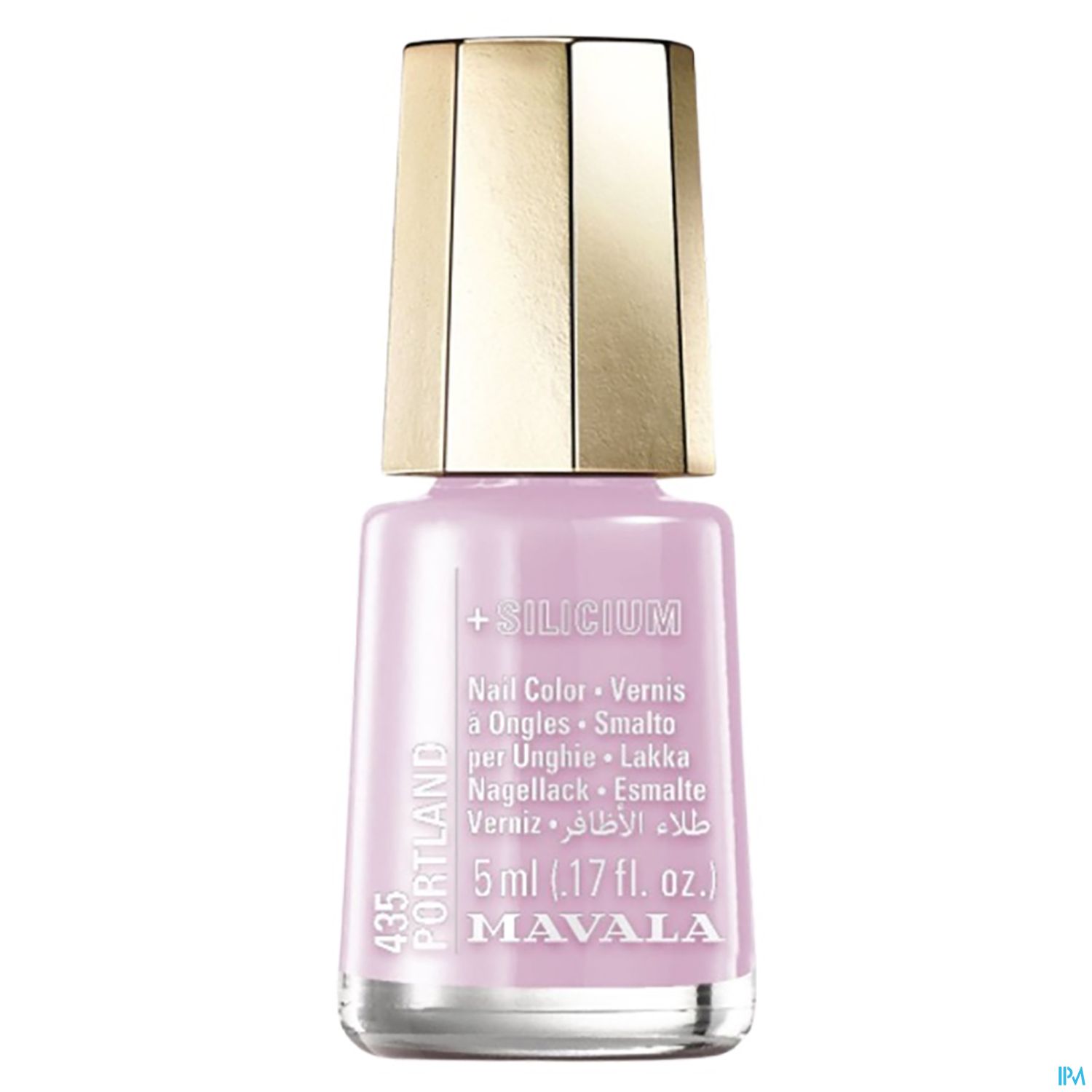 Nagellackflasche in zartem Rosa mit goldenem Deckel, beschriftet mit "MAVALA" und "435 PORTLAND".