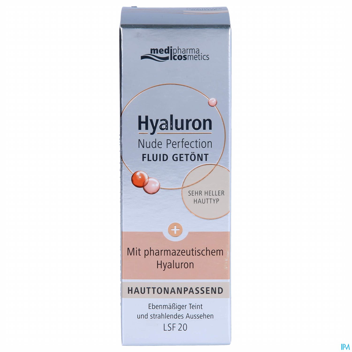 Produktverpackung für "Hyaluron Nude Perfection Fluid", sehr heller Hautton, mit pharmazeutischem Hyaluron, LSF 20.