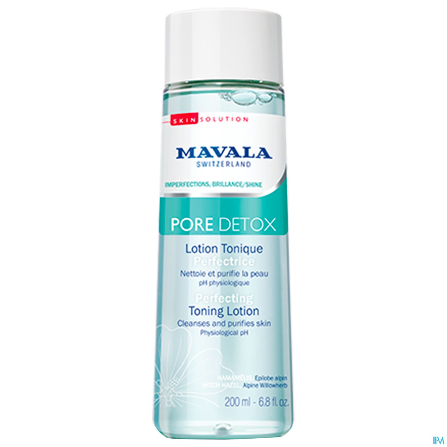 Flasche mit Mavala Pore Detox Toning Lotion, 200 ml, zur Reinigung und Pflege der Haut.