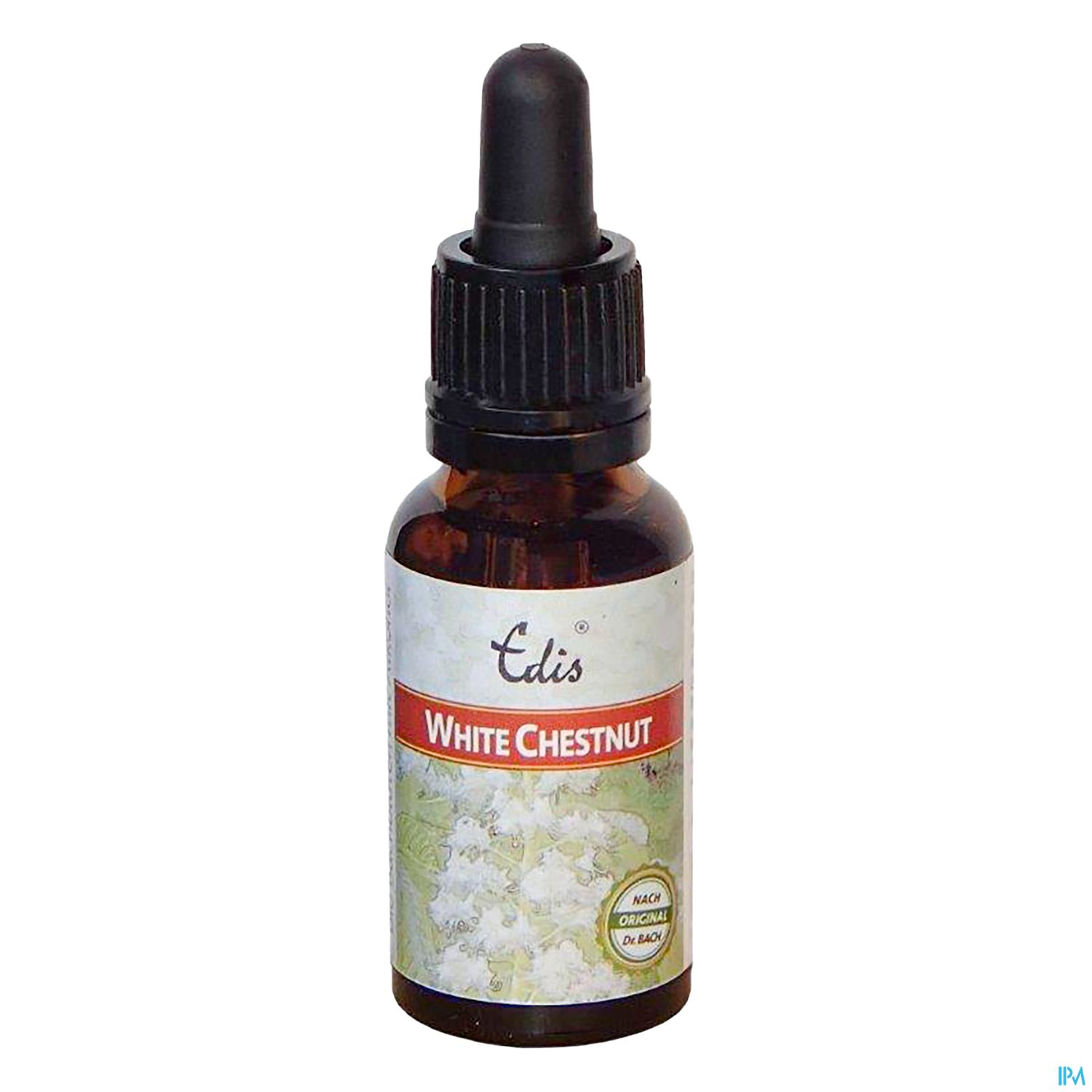 Braunglasflasche mit Pipette, etikettiert mit "White Chestnut" und dem Logo "Edis".