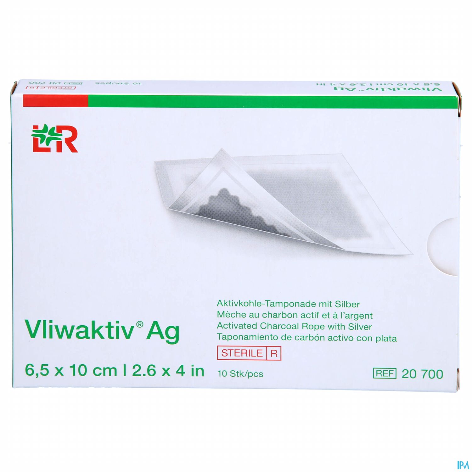 Verpackung von Vliwaktiv® Ag Aktivkohle-Tamponen mit Silber, 10 Stück, 6,5 x 10 cm.
