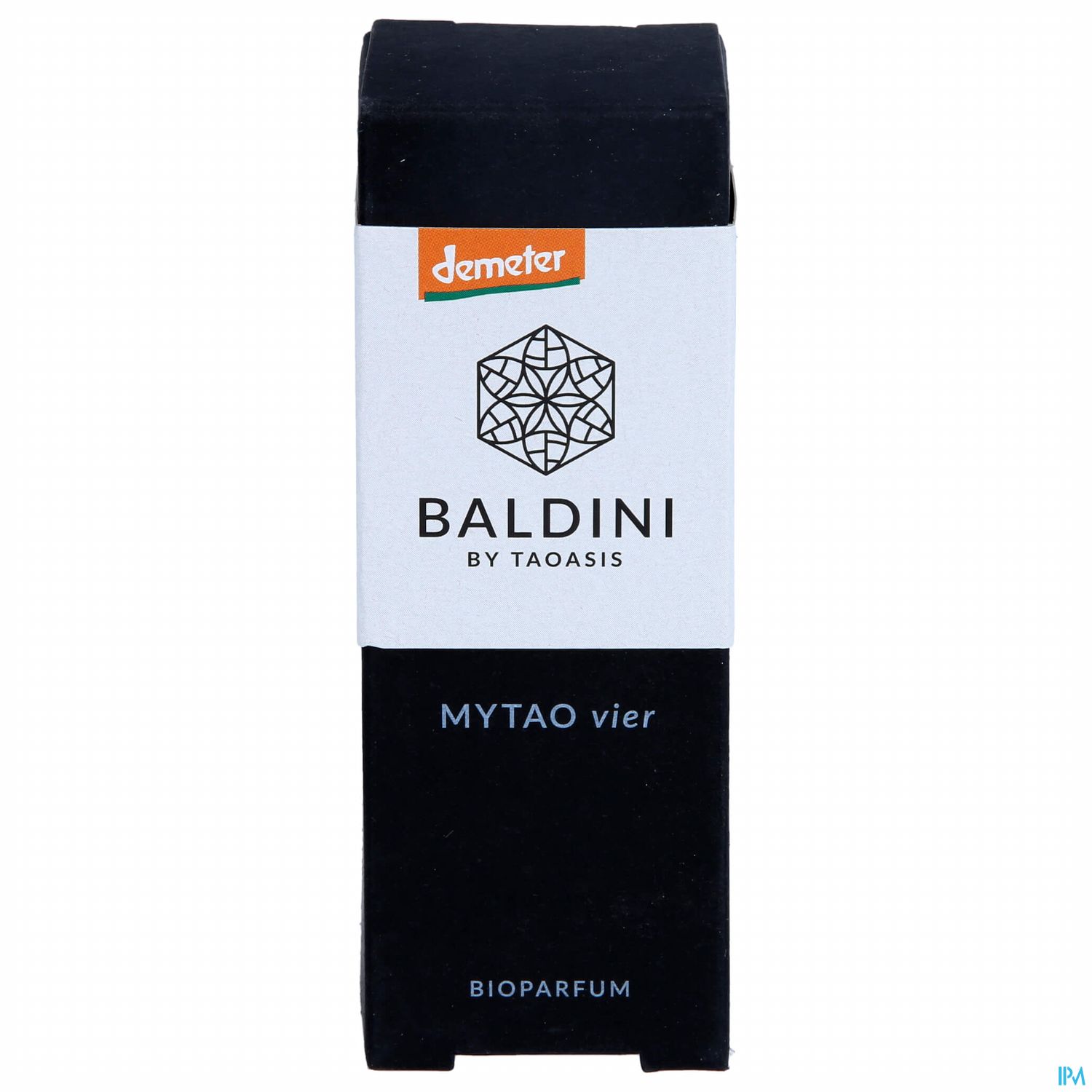 Schwarze Parfumverpackung mit der Aufschrift "Baldini by Taoasis" und "MYTAO vier", sowie dem Demeter-Logo.