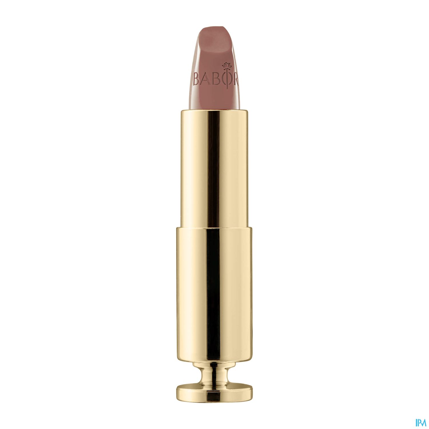 Ein Lippenstift in einer goldenen Hülse mit einem nude-farbenen Farbton oben.