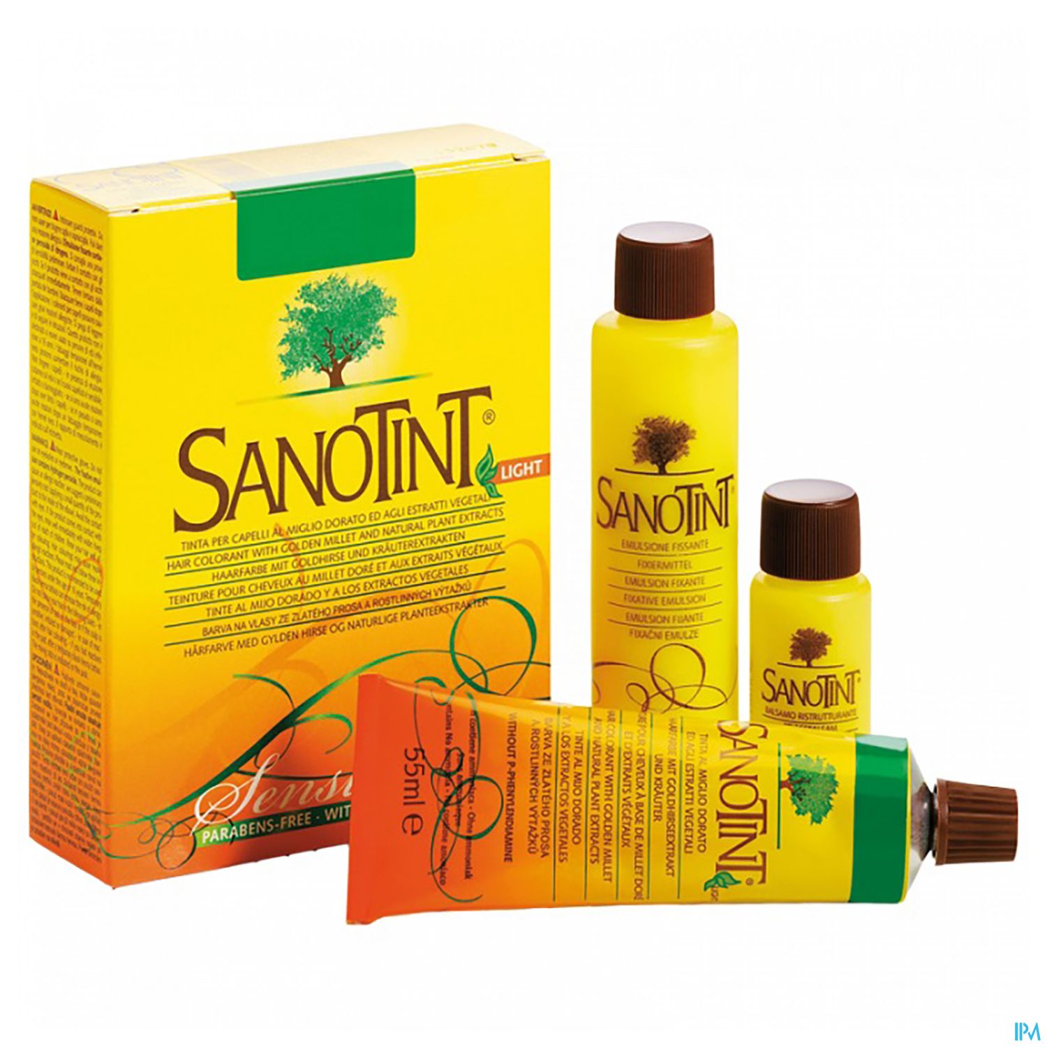 Verpackung von SANOTINT Light Haarfärbemittel mit Tuben und Anleitung in gelb-grüner Design.