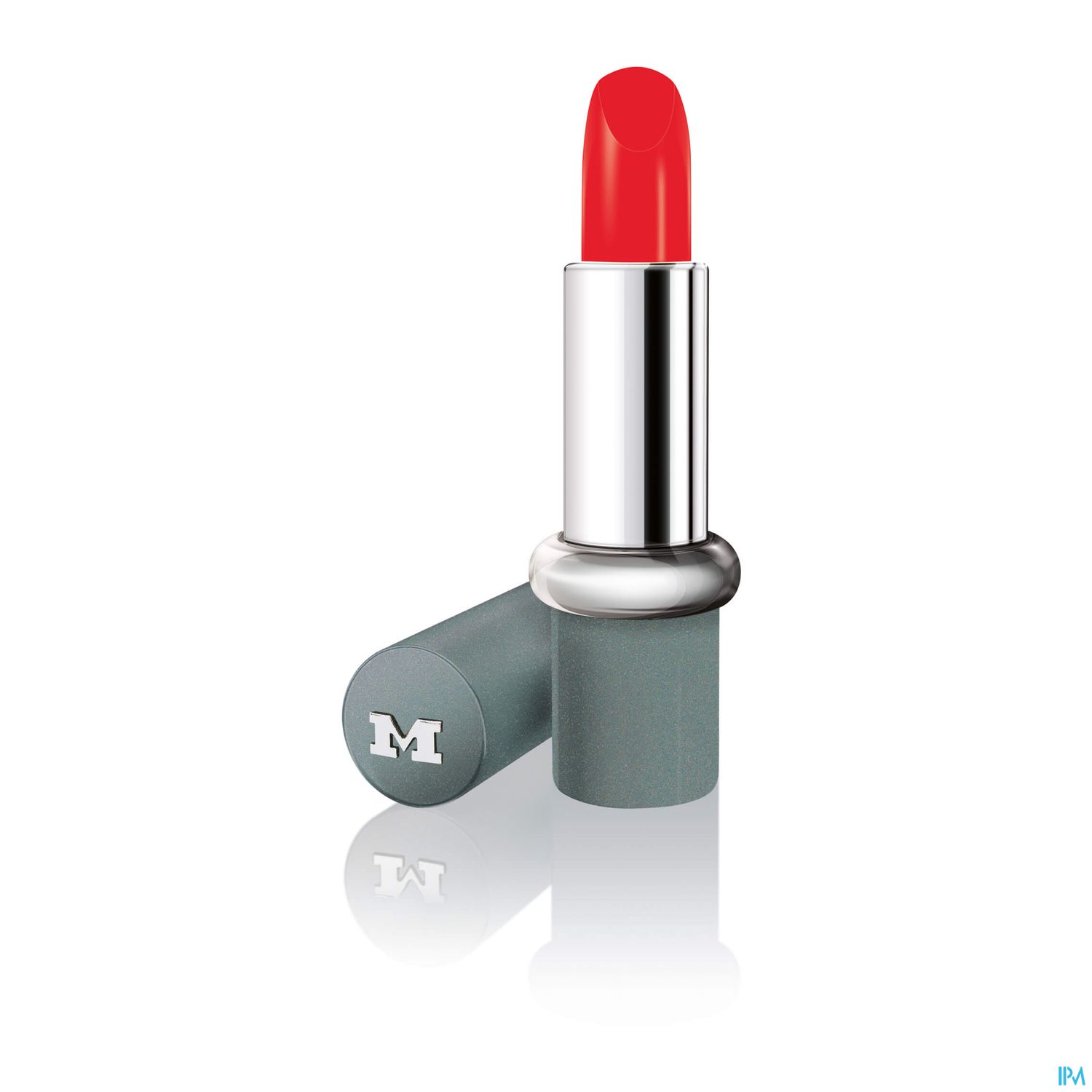 Rot Lippenstift in glänzender Hülse, halb ausgefahren, mit grauem Gehäuse.