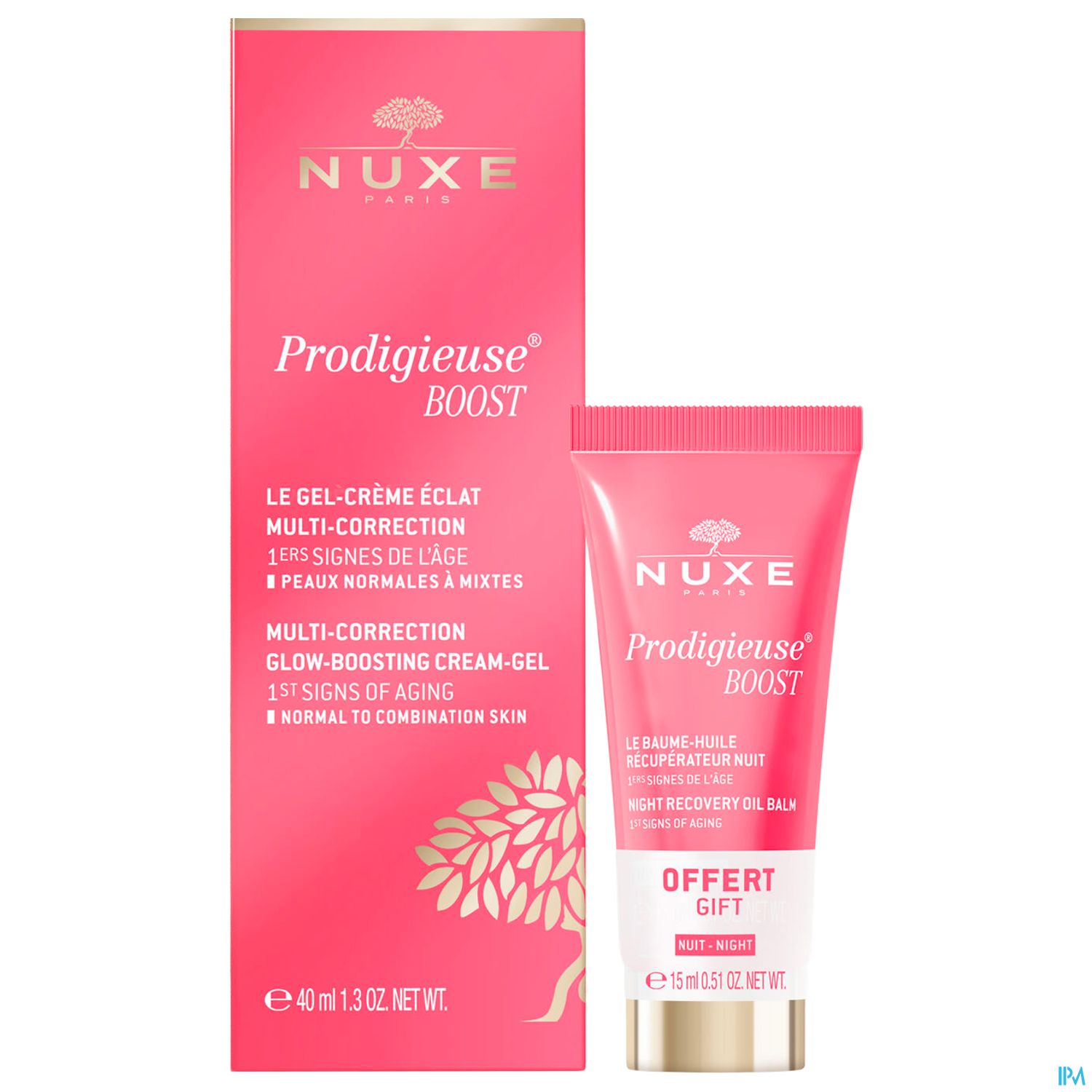 Rosa Verpackung mit dem Schriftzug "NUXE Prodigieuse BOOST" und einem Tube mit der Aufschrift "Multi-Correction Glow-Boosting Cream-Gel" sowie "Offert Gift", neben einer Beschreibung der Produkteigenschaften.