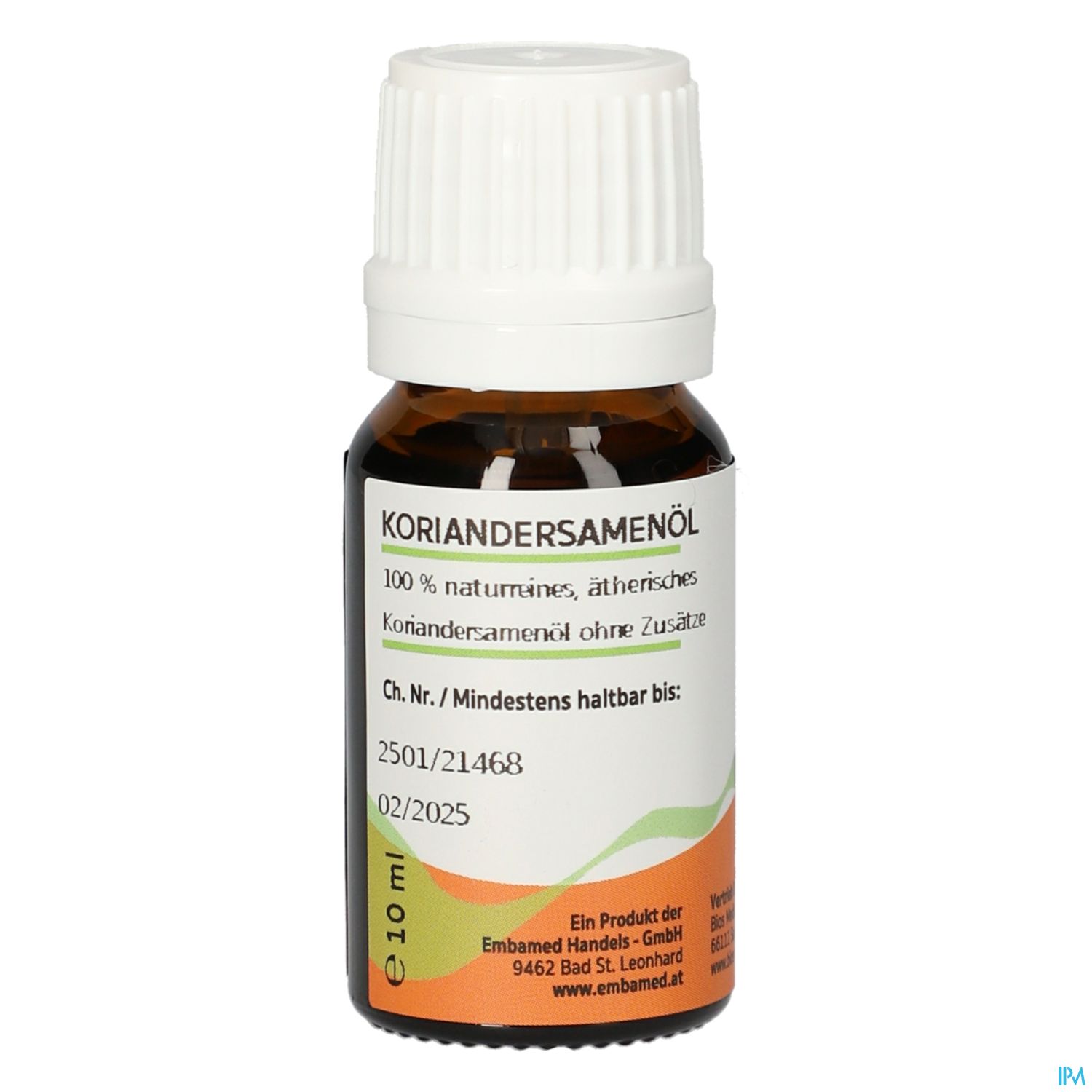 Flasche mit Koriandersamenöl (10 ml) mit Beschreibung "100 % naturales, ätherisches Koriandersamenöl ohne Zusätze" und Haltbarkeitsangabe bis 02/2025.