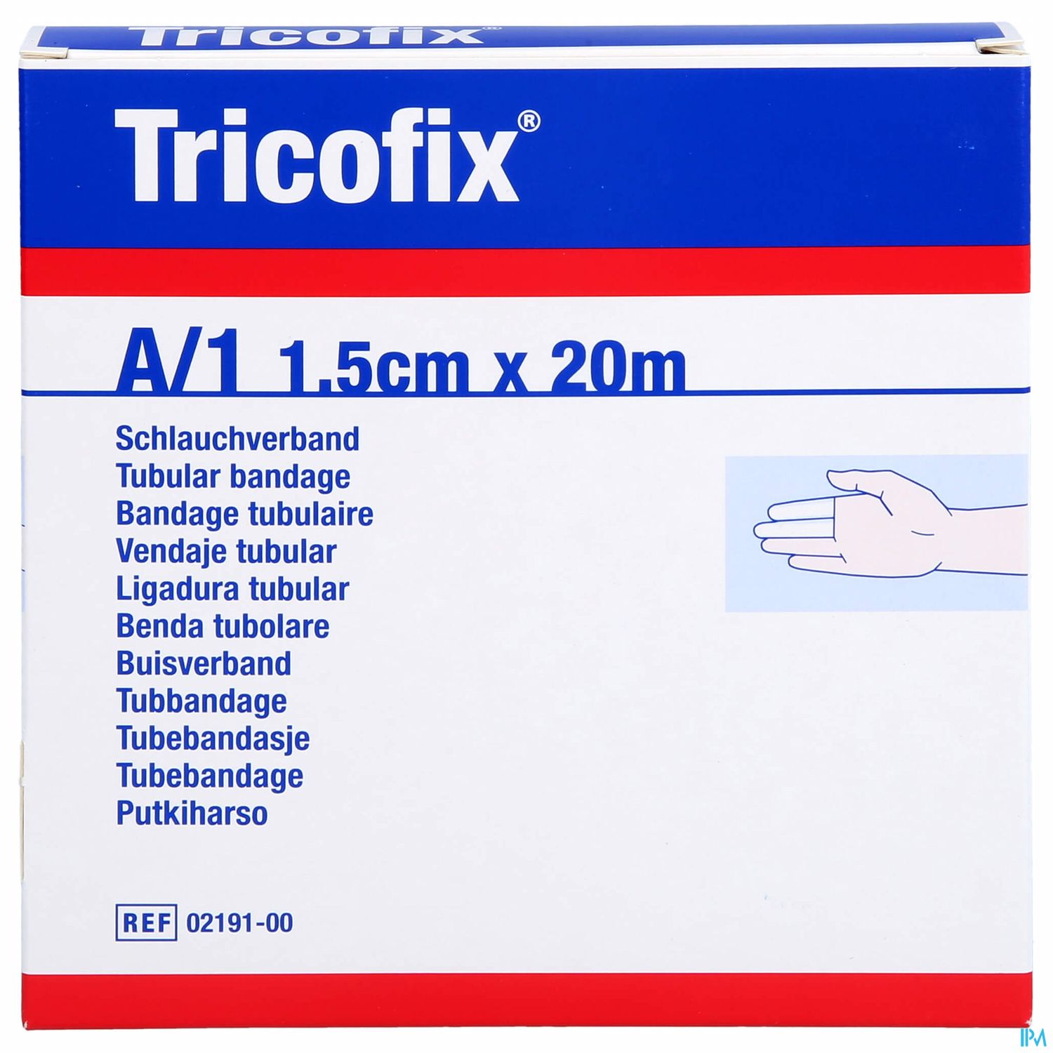 Verpackung eines Tricofix Schlauchverbands (1,5 cm x 20 m) mit mehrsprachiger Bezeichnung und dem Hinweis auf die Verwendung.