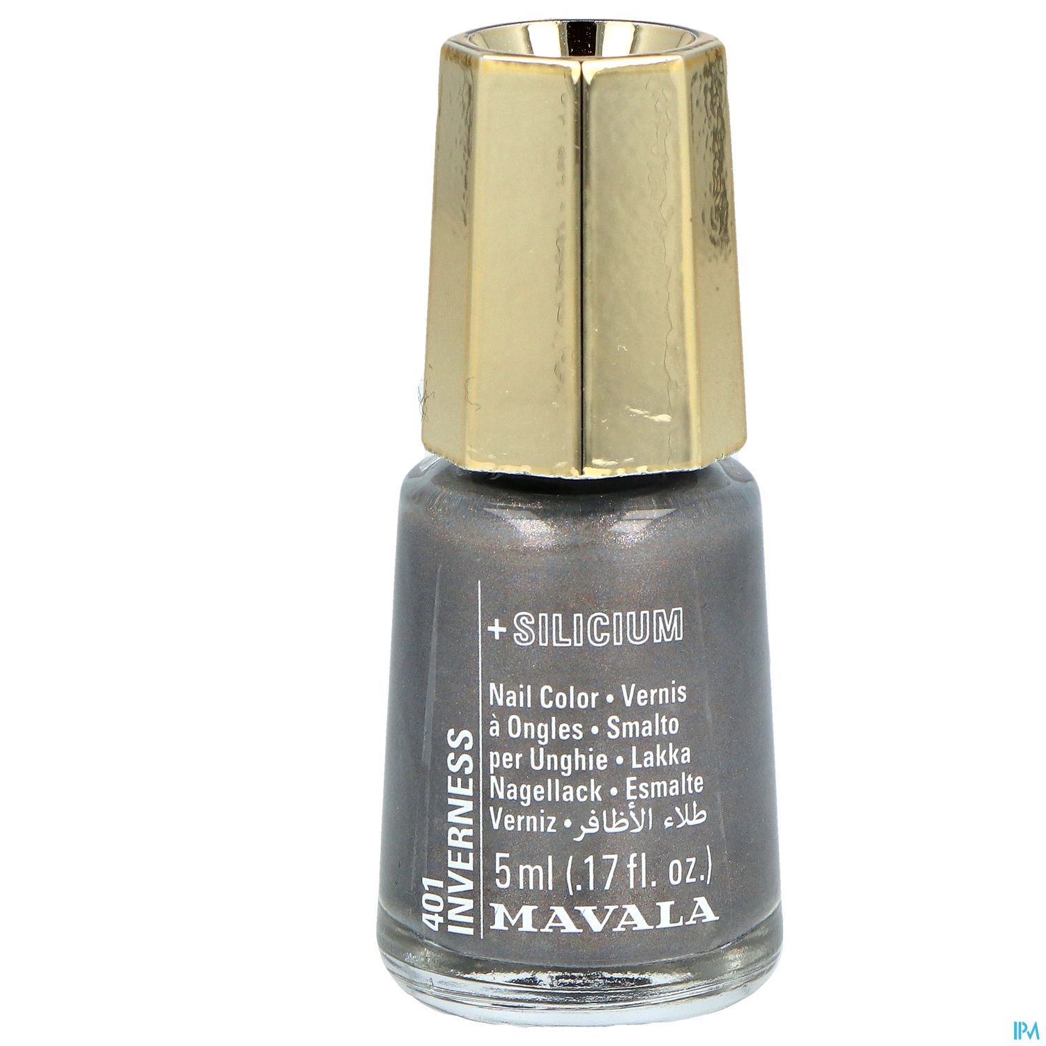 Nagellackflasche mit grauem Inhalt und goldenem Verschluss, beschriftet mit "MAVALA 401 NUVERNESS + SILICUM".