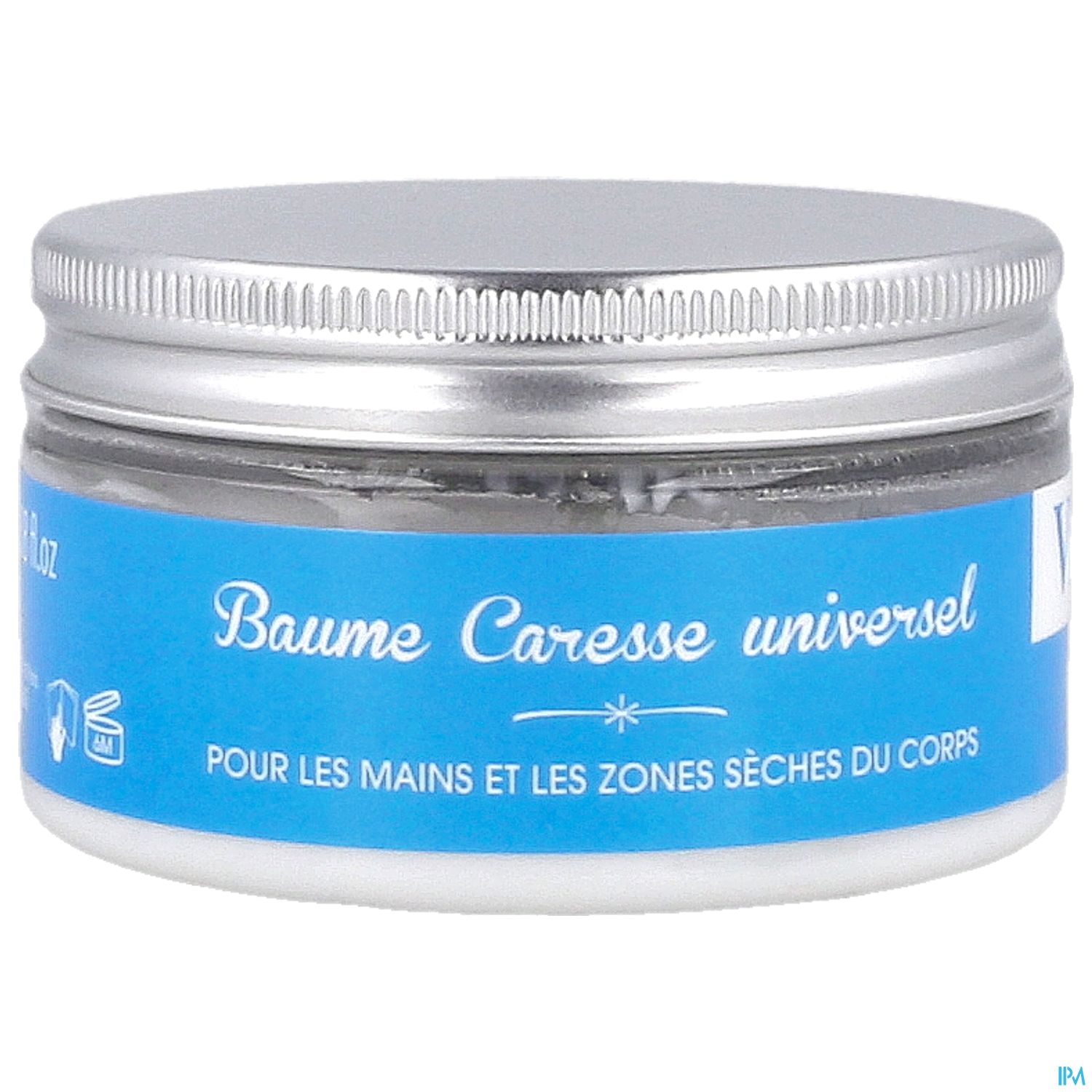 Gesichtspflege- und Körperbalsam im Glasbehälter mit silbernem Deckel und blauer Beschriftung.