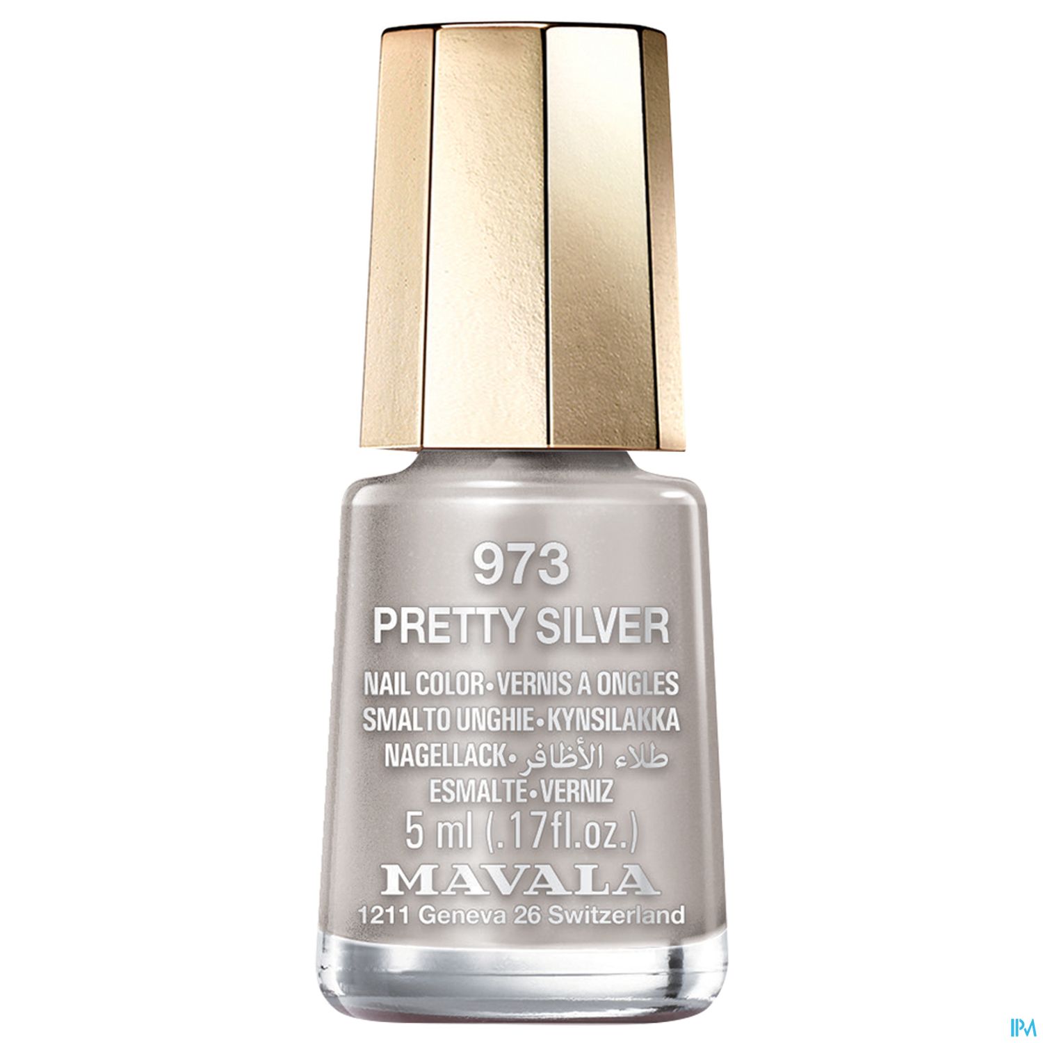 Nagellackflasche mit der Aufschrift "Pretty Silver" und der Nummer 973 von Mavala.
