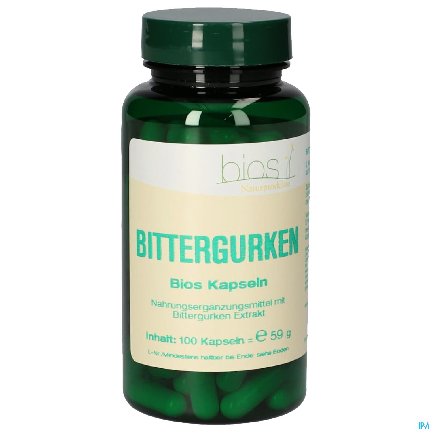 Grüne Kapseln in einer dunklen Flasche mit dem Etikett "Bittergurken Bios Kapseln", Hinweis auf Nahrungsergänzungsmittel und Inhalt von 100 Kapseln.