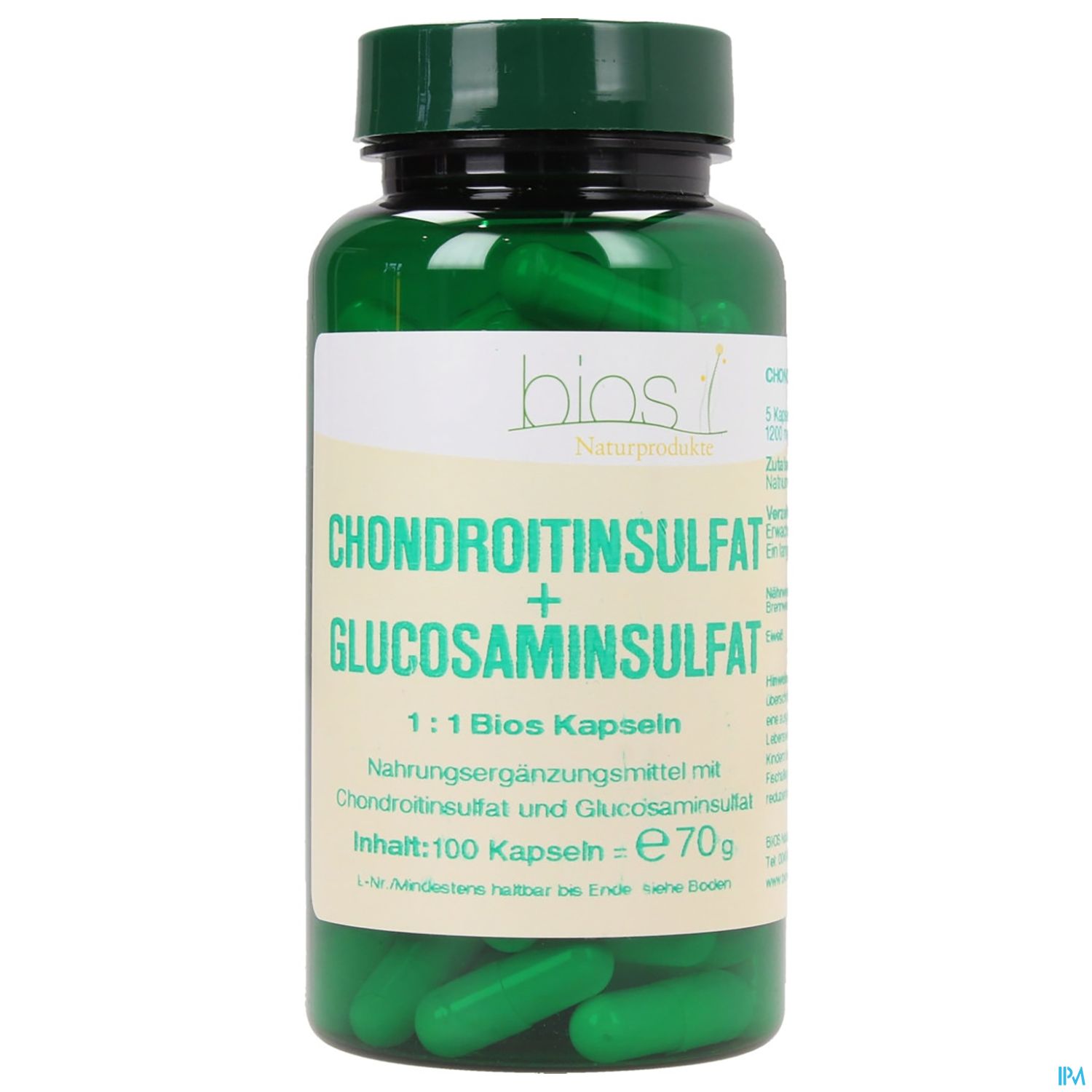 Grüne Kapsel-Flasche mit dem Etikett "Chondroitinsulfat + Glucosaminsulfat", 100 Kapseln, 70 g Inhalt.