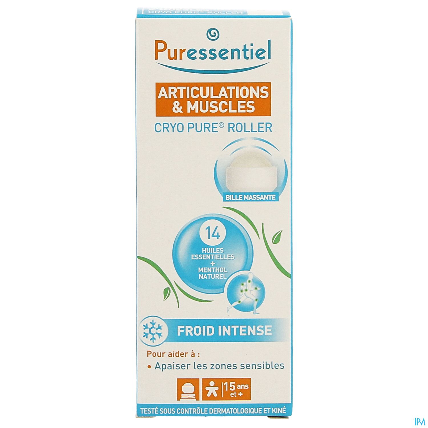 Verpackung des Puressentiel Cryo Pure Roller für Gelenke und Muskeln, mit Informationen zu Inhaltsstoffen und Anwendungshinweisen.
