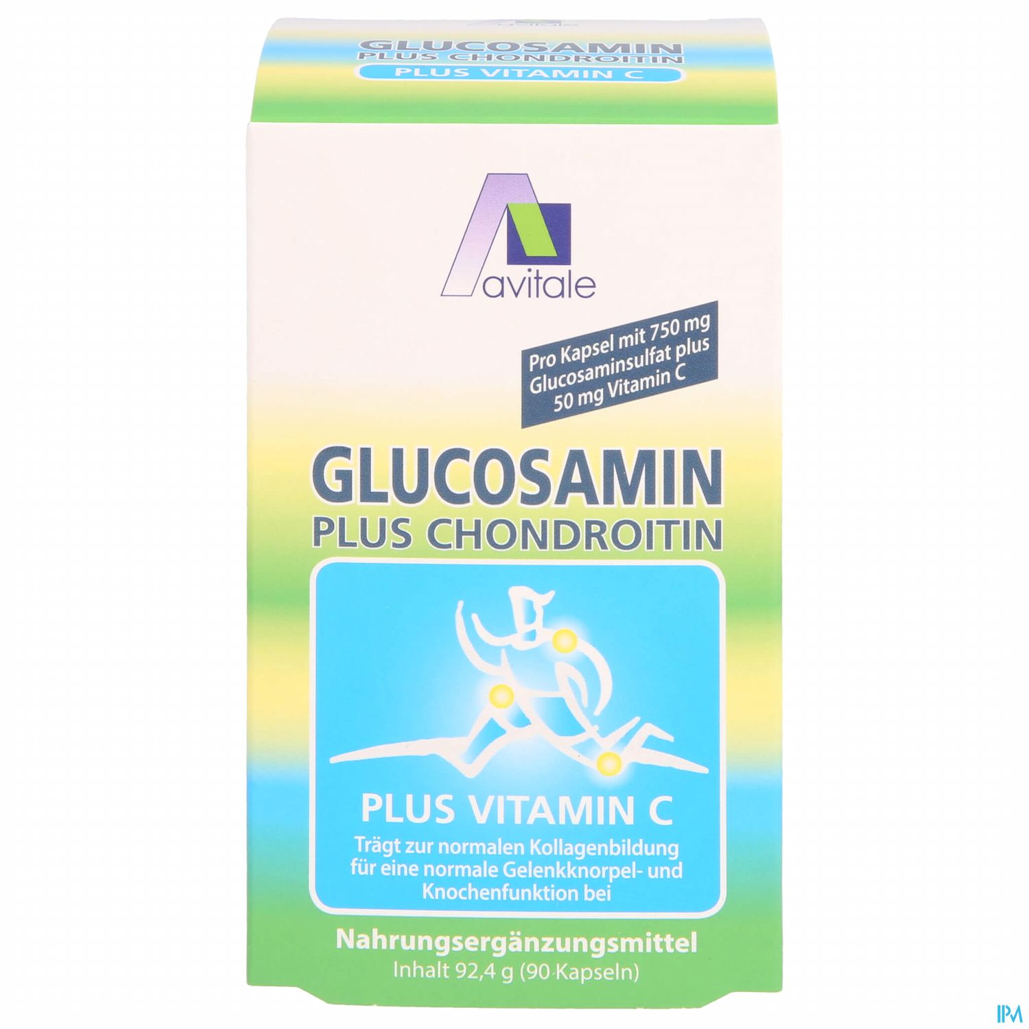 Packung des Nahrungsergänzungsmittels "Glucosamin plus Chondroitin" mit Vitamin C, 90 Kapseln.