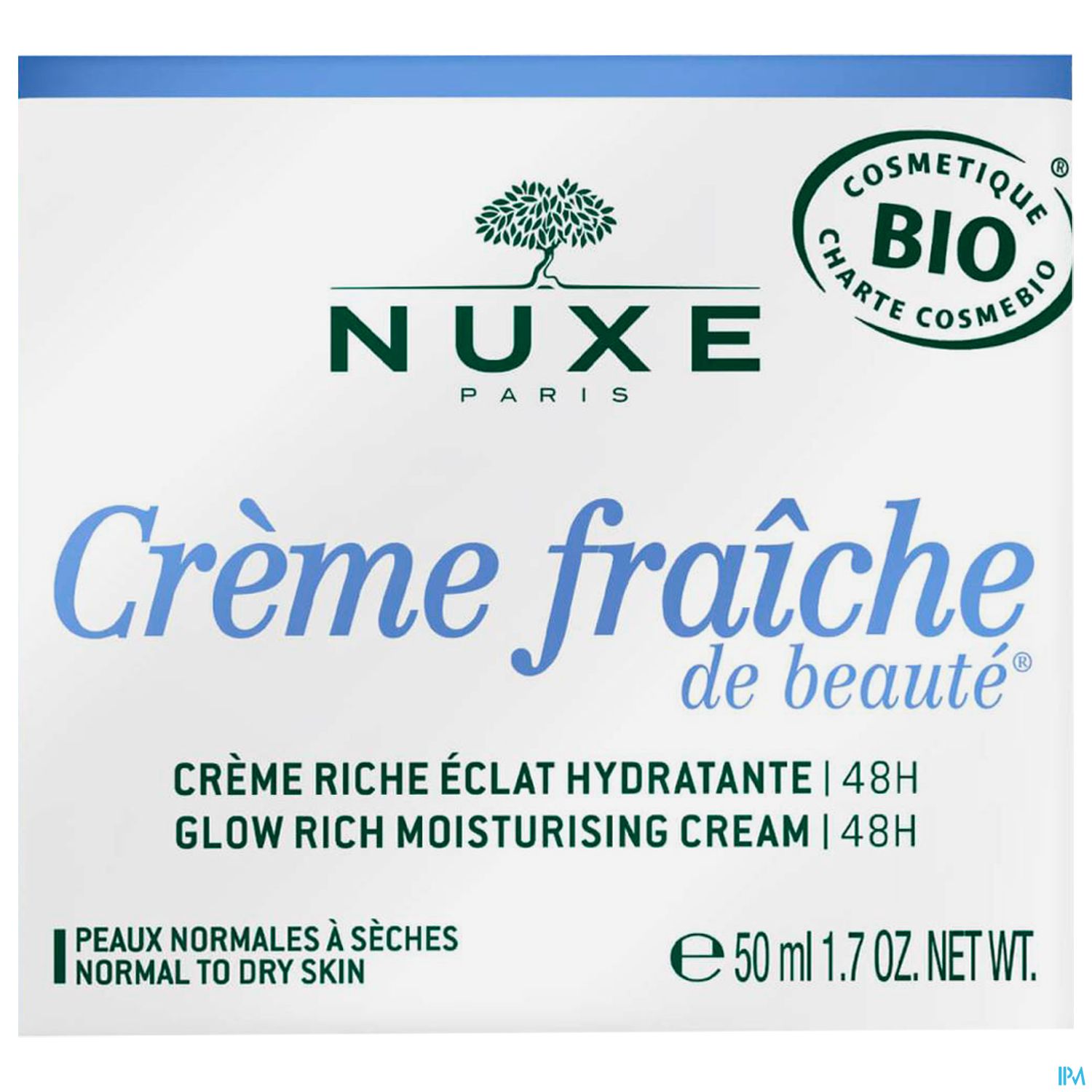 Produktverpackung von NUXE mit der Creme Fraîche de Beauté, Inhalt 50 ml, beschreibend für feuchtigkeitsspendende Eigenschaften.