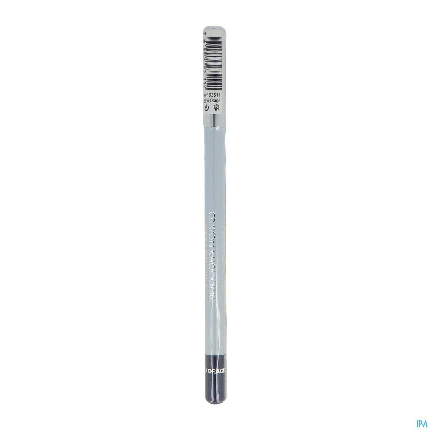 Ein grauer Kosmetikstift mit einer schwarzen Spitze und einem Barcode an der Oberseite.