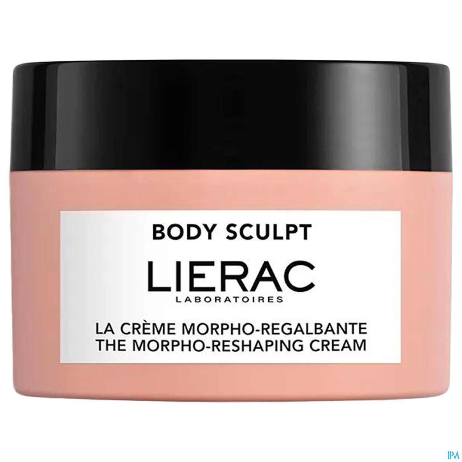 Dose der Lierac Body Sculpt Morphoregulierenden Crème, rosafarbene Verpackung mit schwarzem Deckel und beschriftetem Etikett.