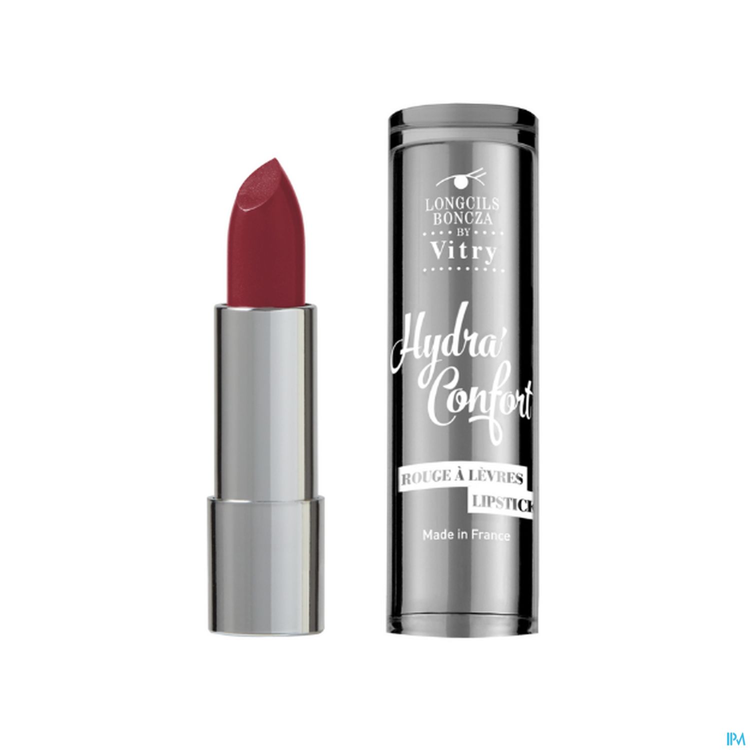 Rotmattes Lippenstift im silbernen Behälter mit der Aufschrift "Hydra Confort".