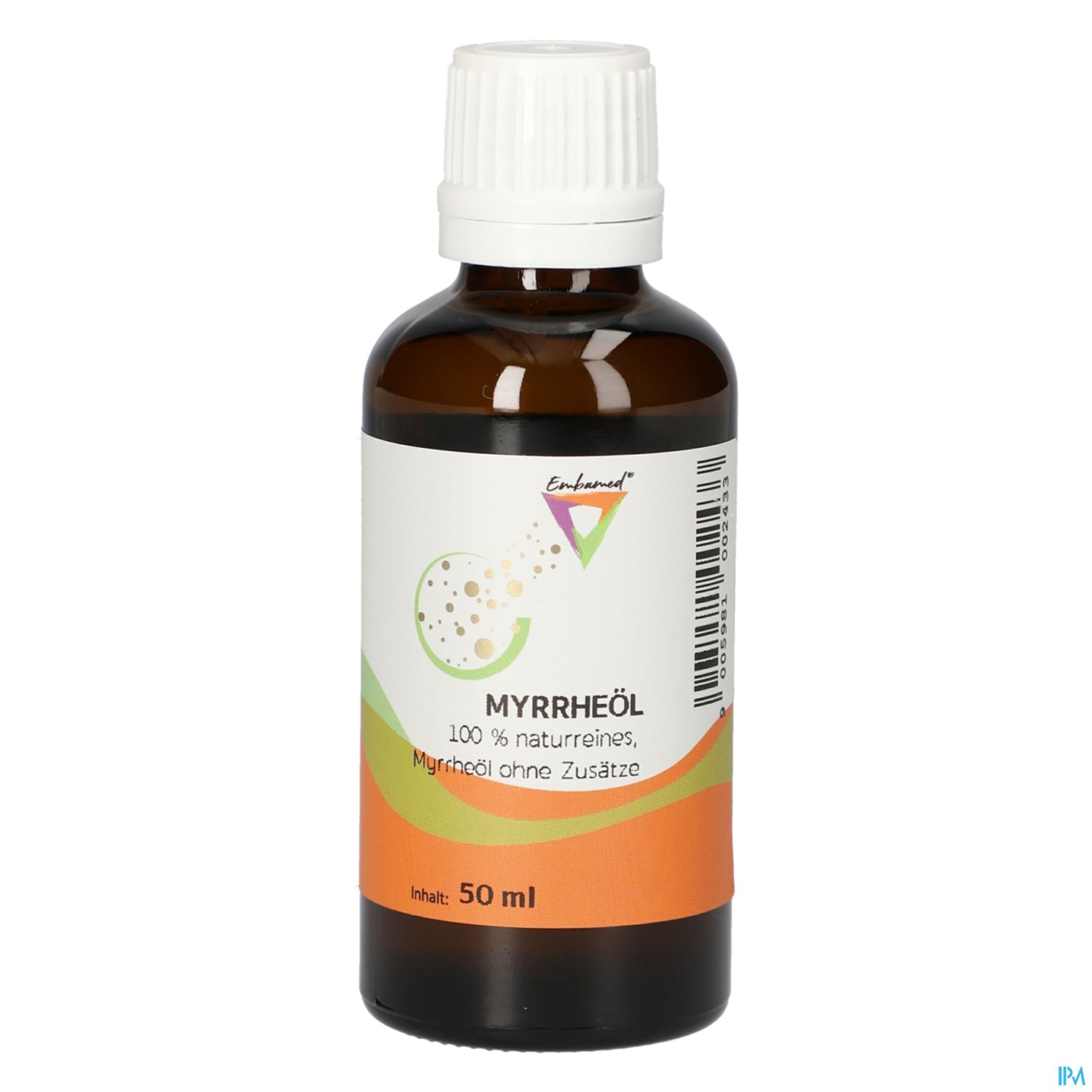 Braune Glasflasche mit Schraubverschluss, etikettiert mit "Myrrhöl", 100 % reines Myrrhöl ohne Zusätze, Inhalt 50 ml.