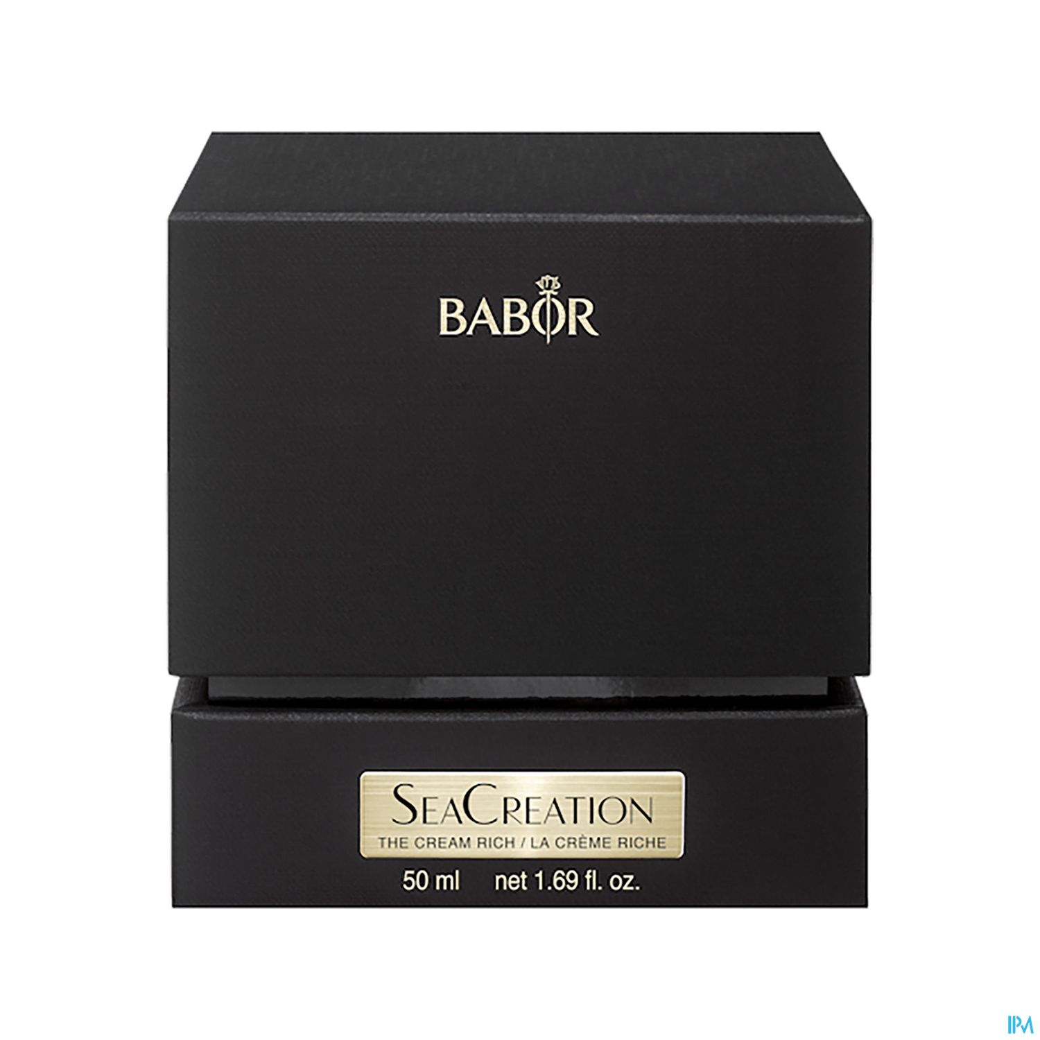Schwarze Cremeschachtel von BABOR mit goldener Beschriftung "SEA CREATION" und der Angabe "50 ml" auf einem Etikett.