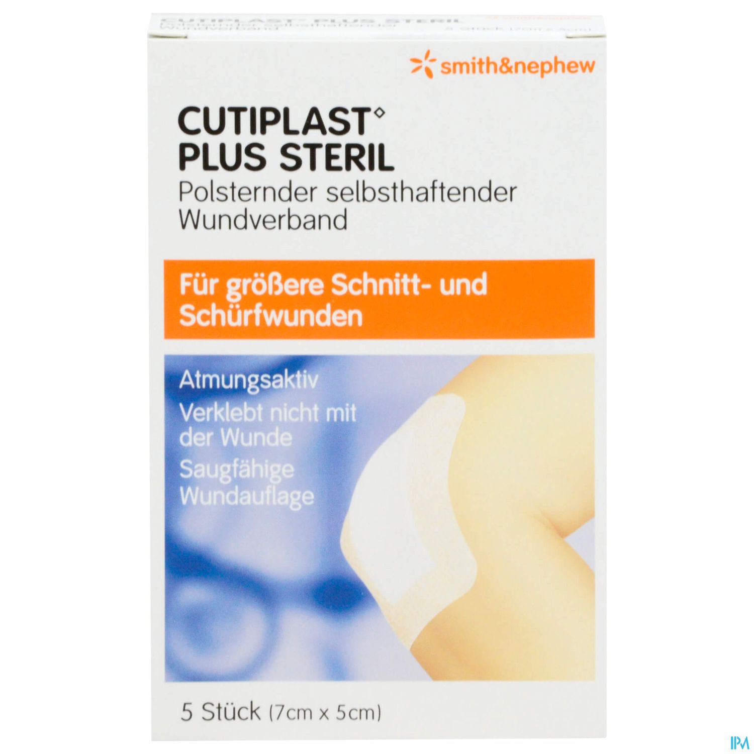 Packung mit Cutiplast Plus Steril, einem selbsthaftenden Wundverband für größere Schnitt- und Schürfwunden.