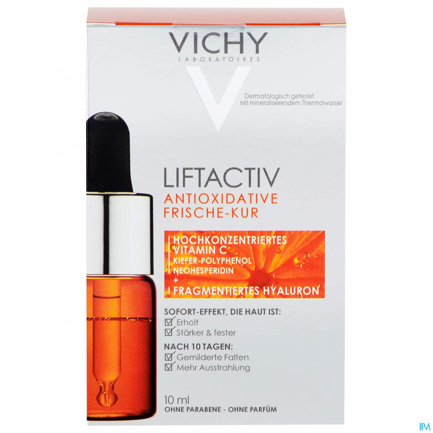 Produktverpackung von Vichy LIFTACTIV Antioxidative Frische-Kur mit Angaben zu Inhaltsstoffen und Anwendungshinweisen.