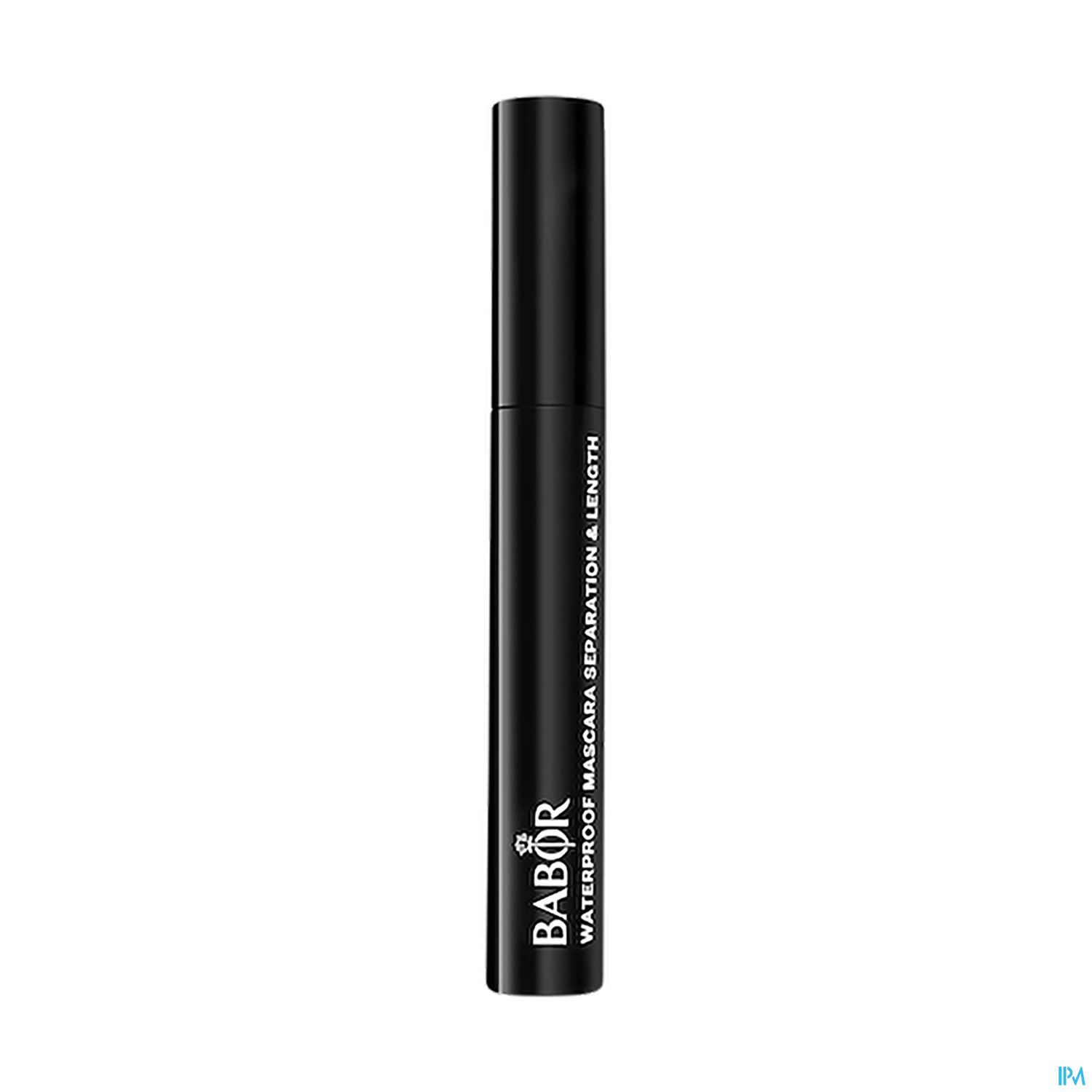 Schwarze Wimperntusche von BABOR in einem schlanken Tube mit der Aufschrift "Waterproof Mascara: Separation & Length".