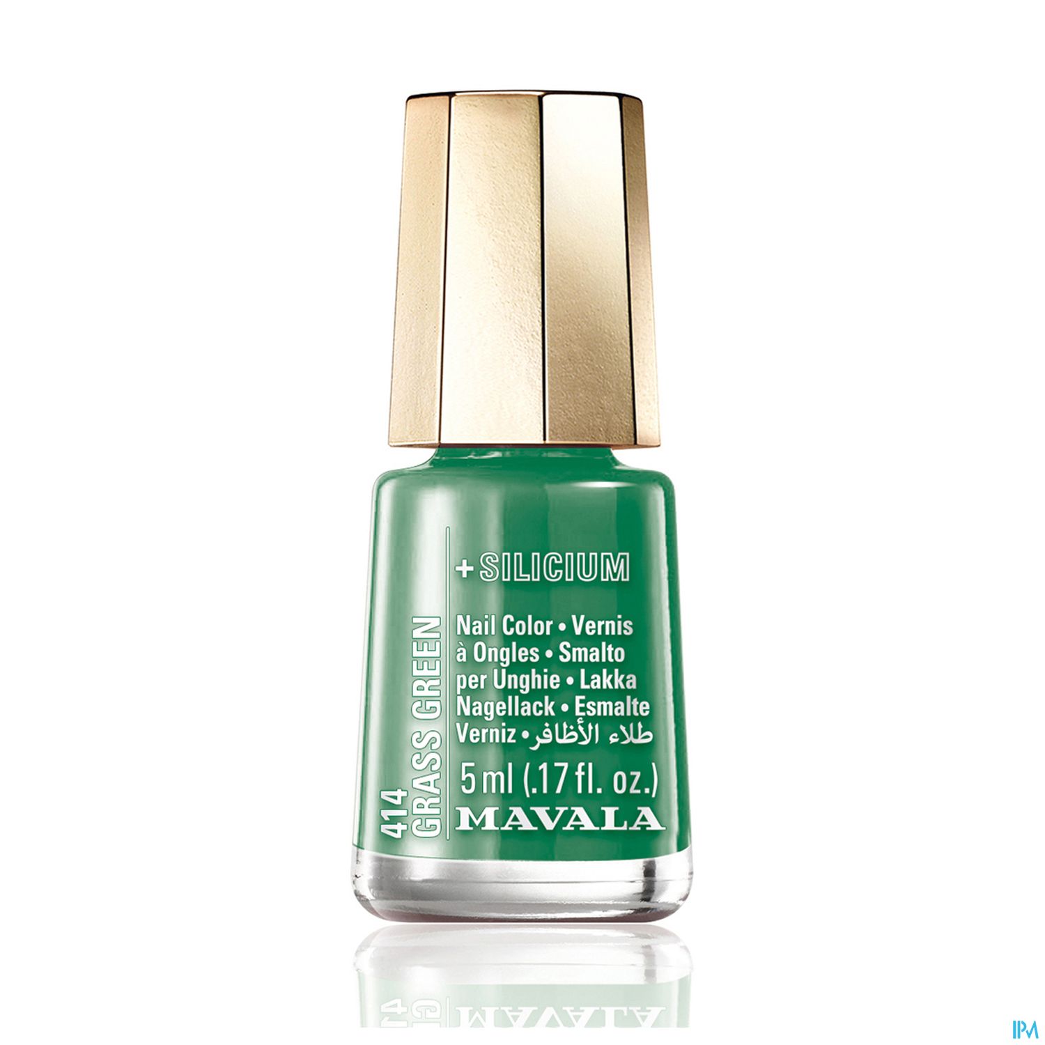 Grüner Nagellack in einer 5 ml Flasche mit goldfarbener Kappe, beschriftet mit "414 GRASS GREEN + SILICIUM".