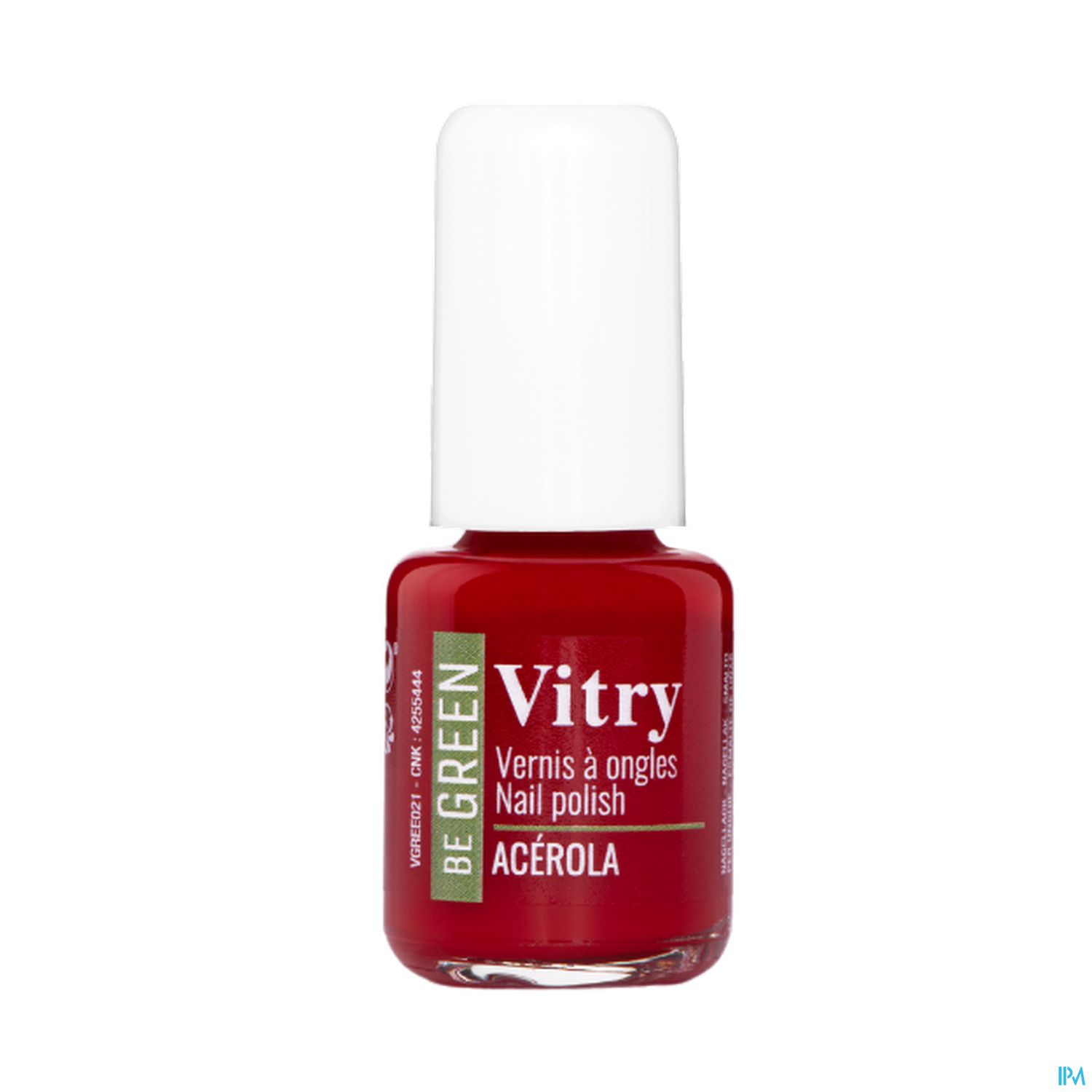 Rotlack in einer kleinen Flasche mit weißem Deckel, beschriftet mit "Vitry Vernis à ongles Acérola".