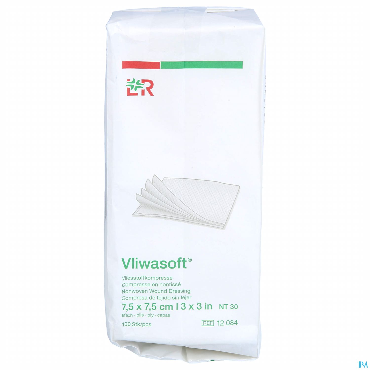 Verpackung von Vliwasoft® Vliesstoffkompressen, 7,5 cm x 7,5 cm, 100 Stk.